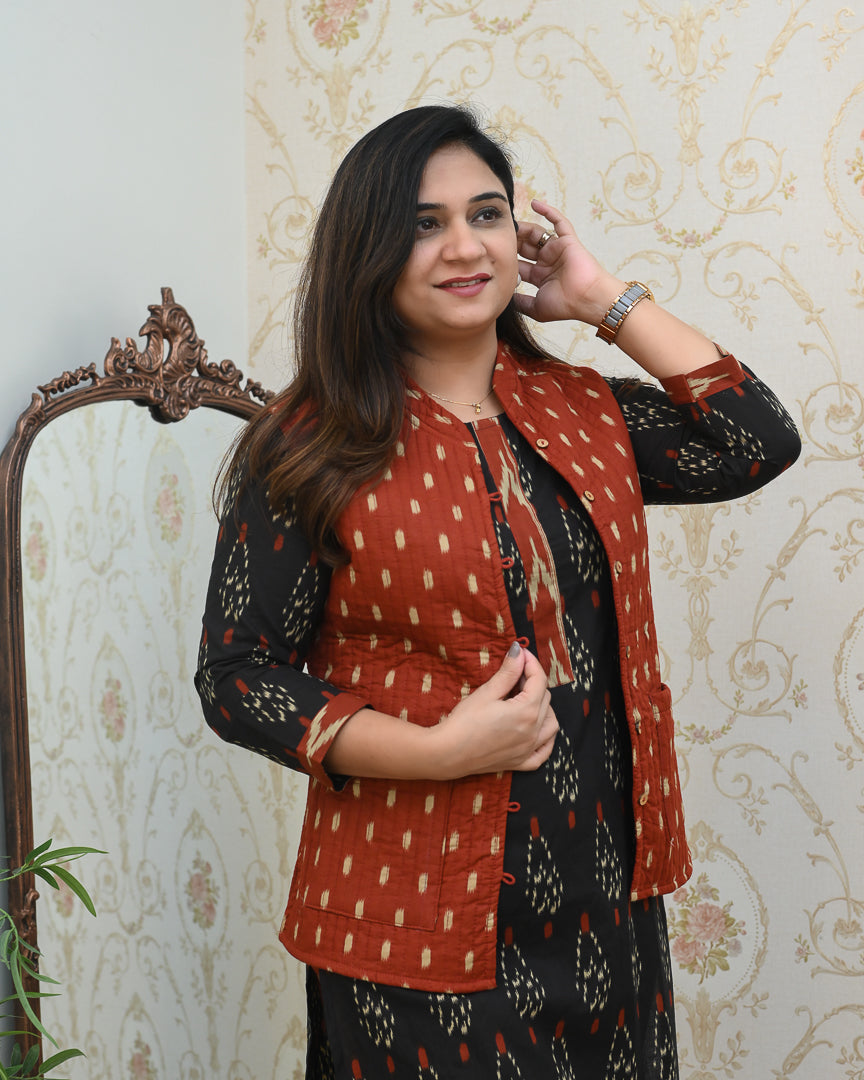 Cotton Ikkat Pant Set with Quilted Jacket - The Jaipur Studio