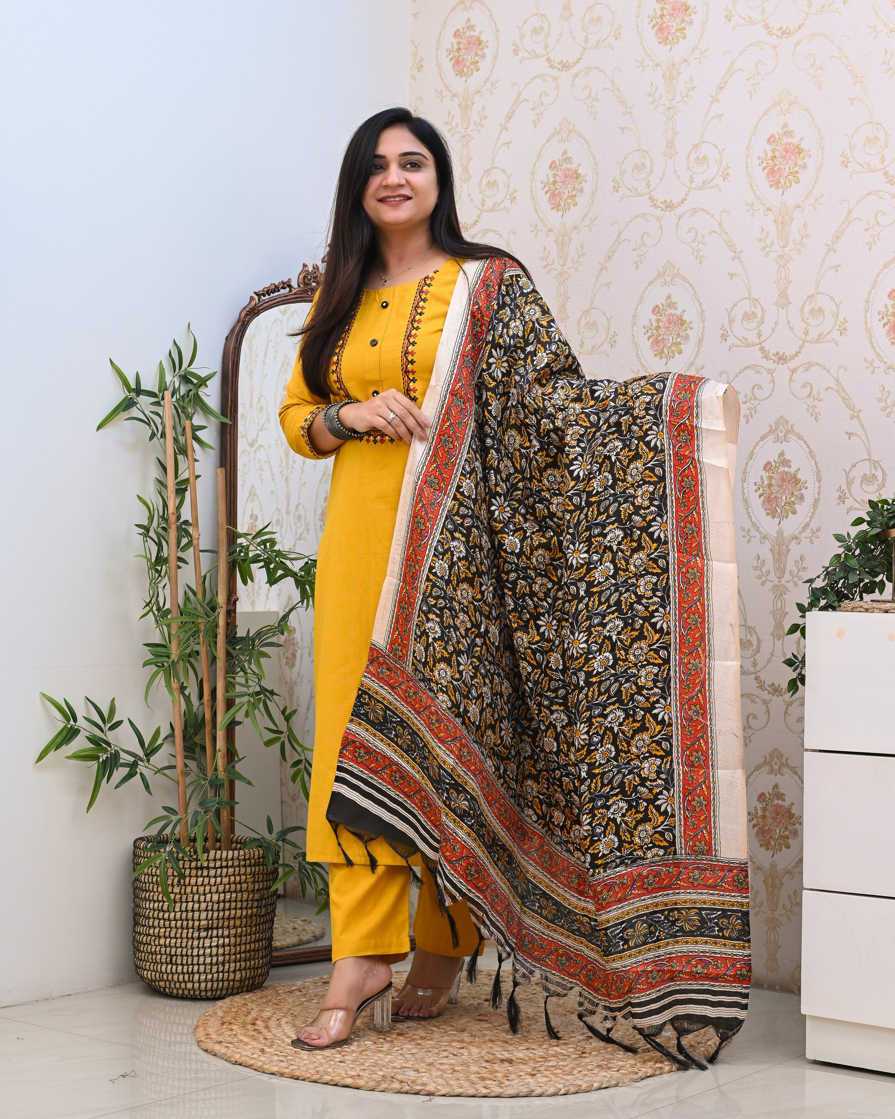 Cotton Embroidered Kalamkari Dupatta Suit - The Jaipur Studio