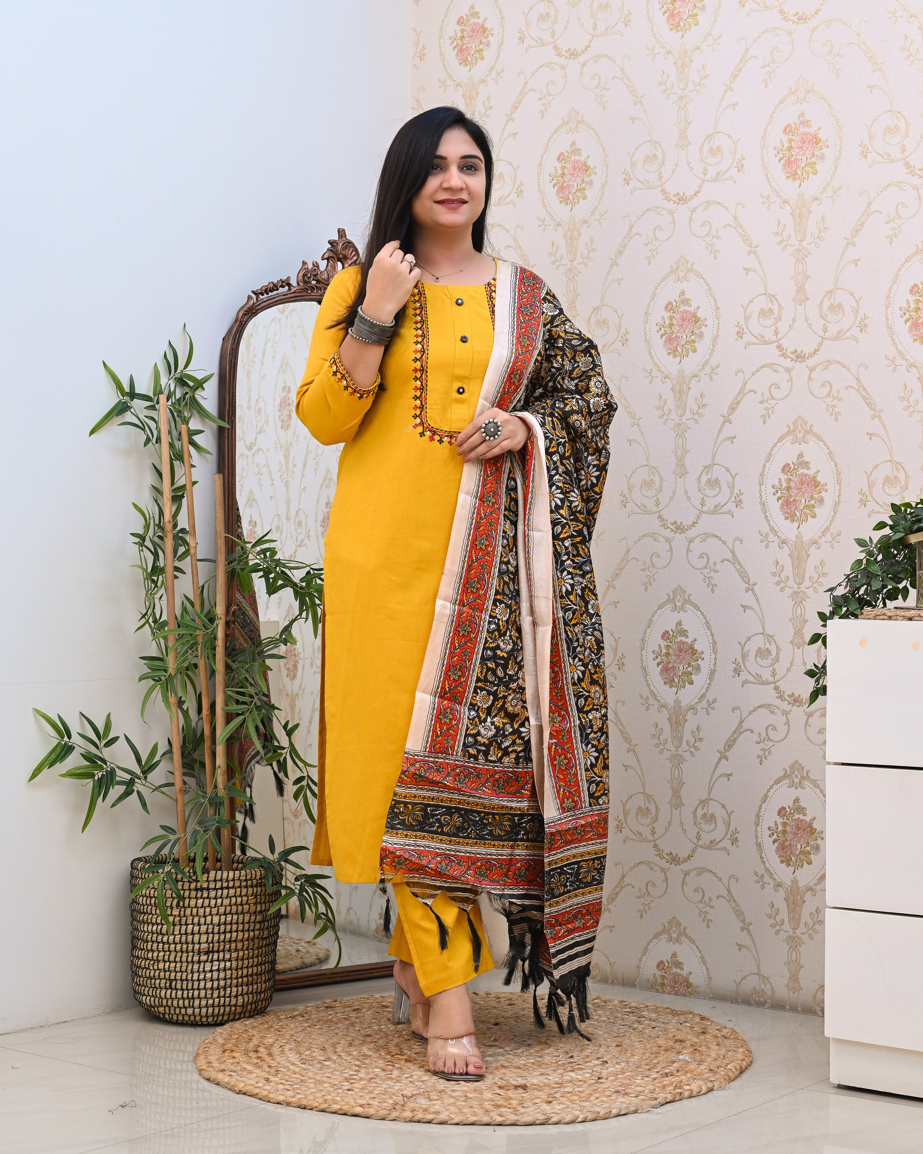 Cotton Embroidered Kalamkari Dupatta Suit - The Jaipur Studio
