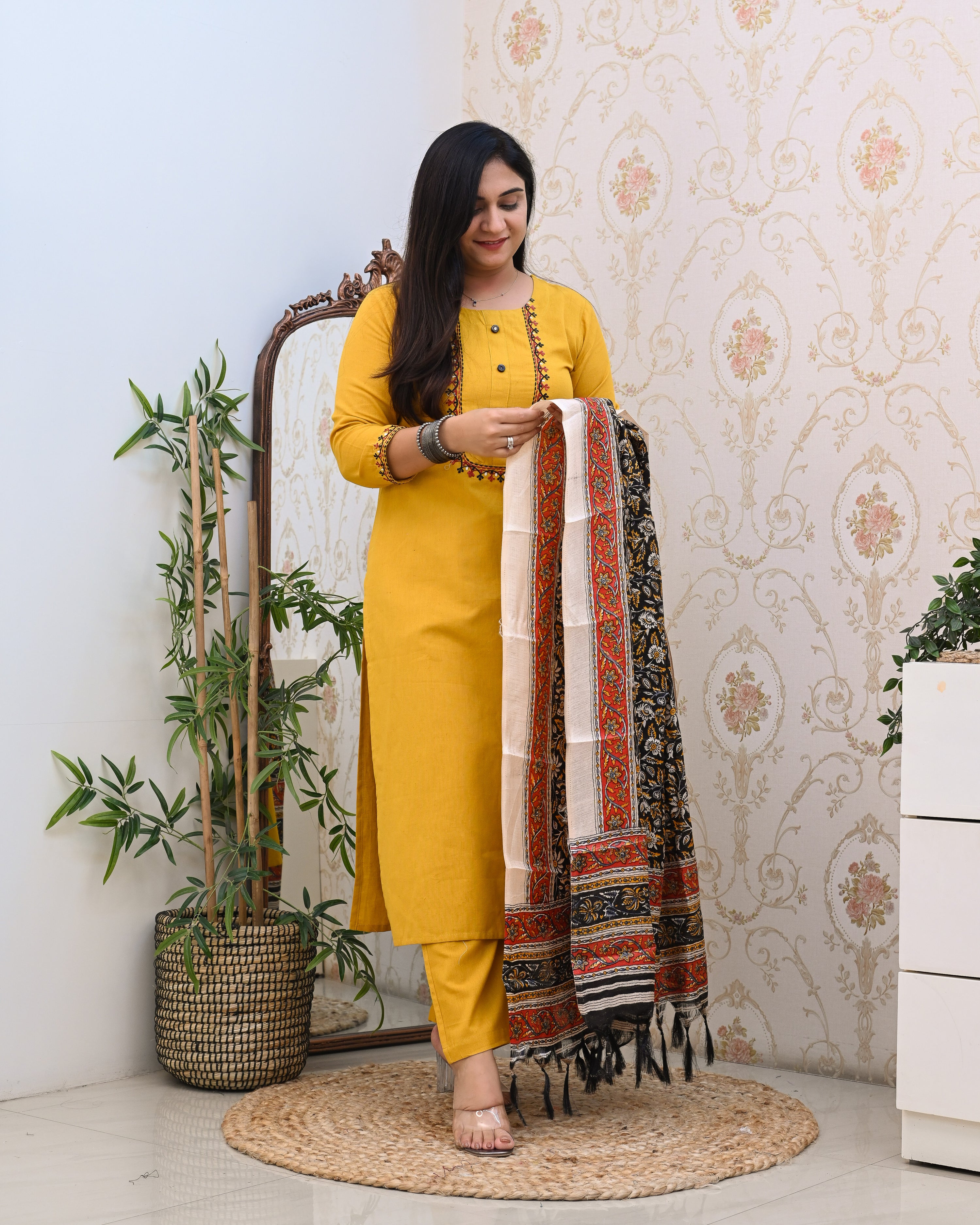 Cotton Embroidered Kalamkari Dupatta Suit - The Jaipur Studio