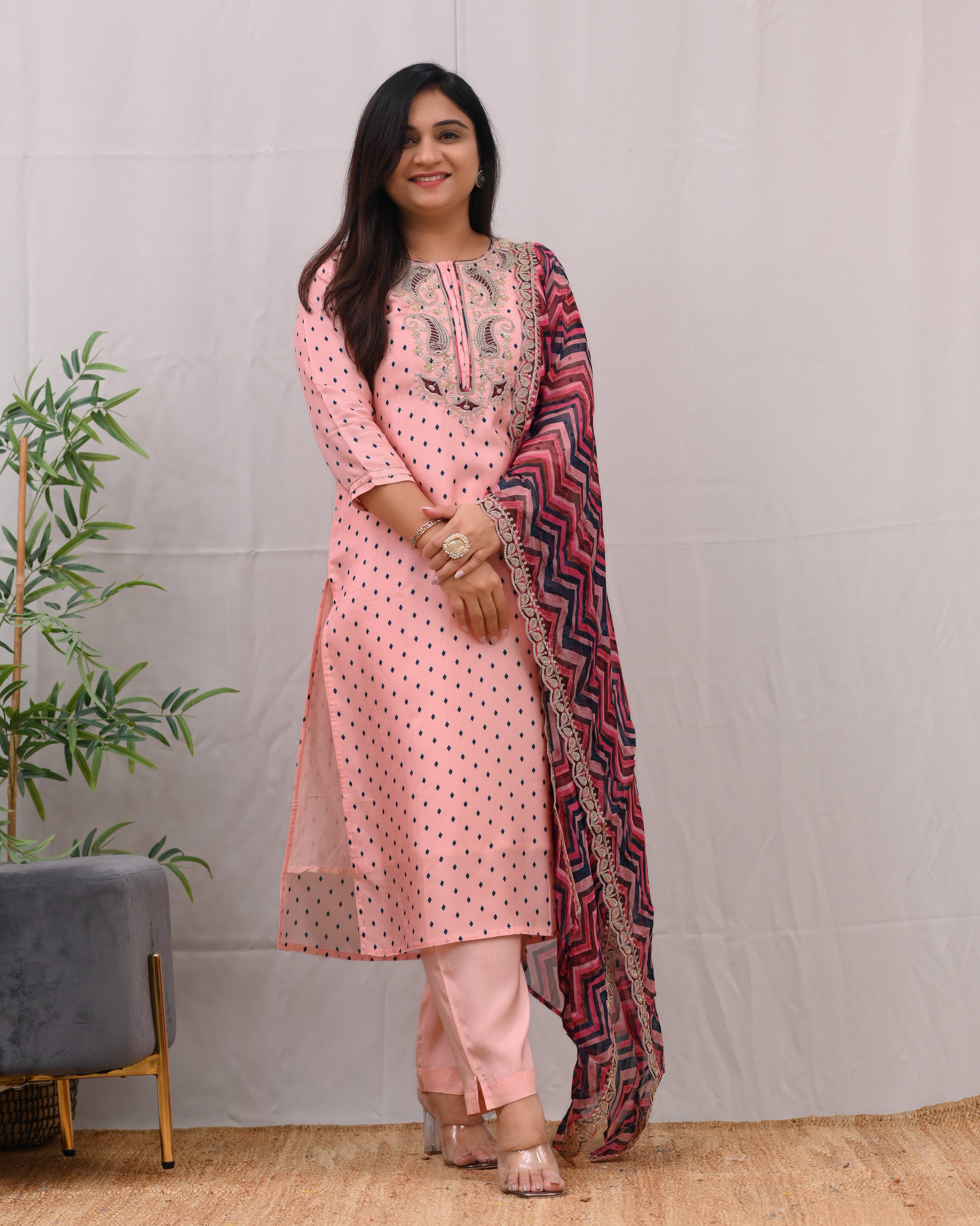 Peach Tissue Embroidered Pant Set - The Jaipur Studio