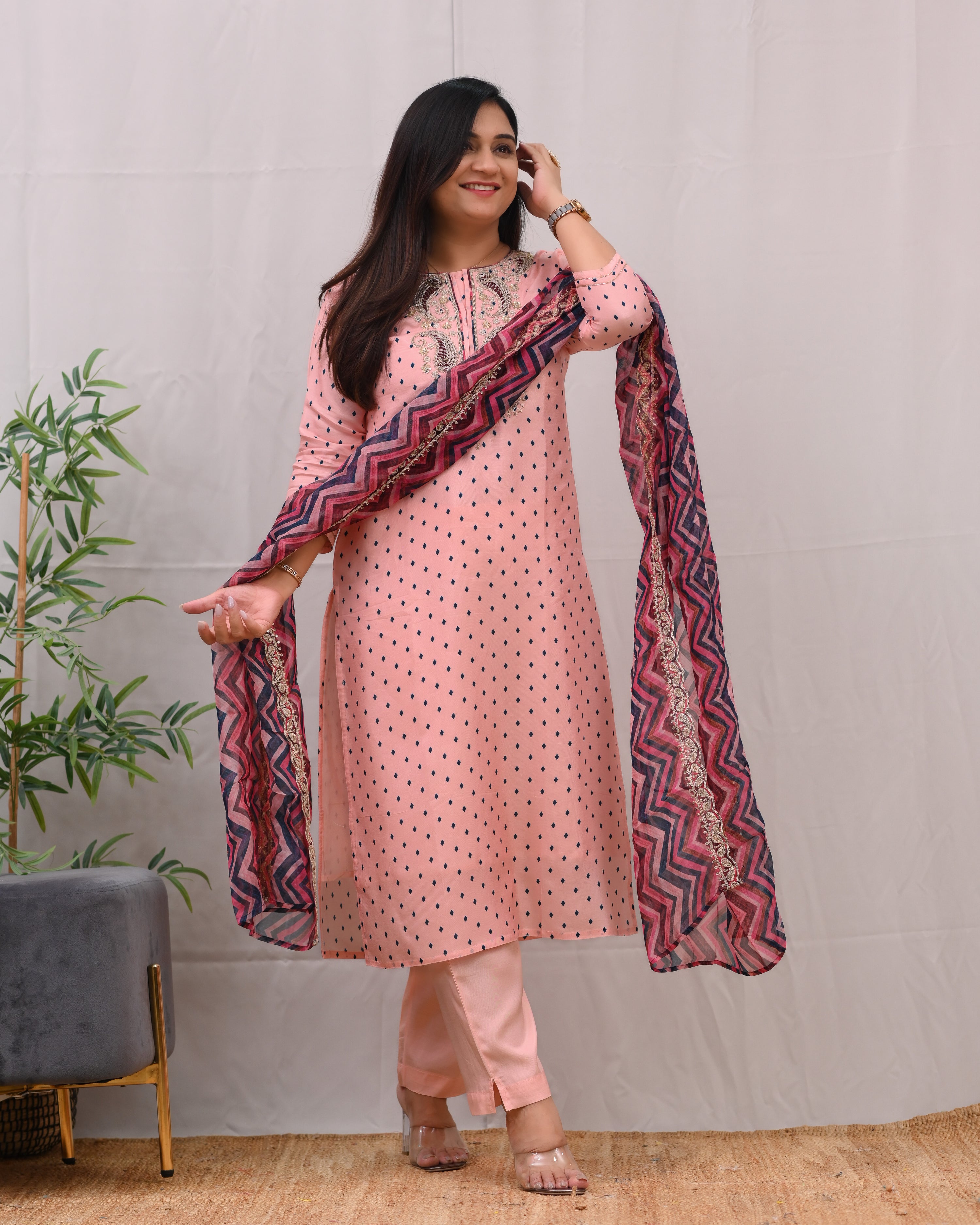 Peach Tissue Embroidered Pant Set - The Jaipur Studio