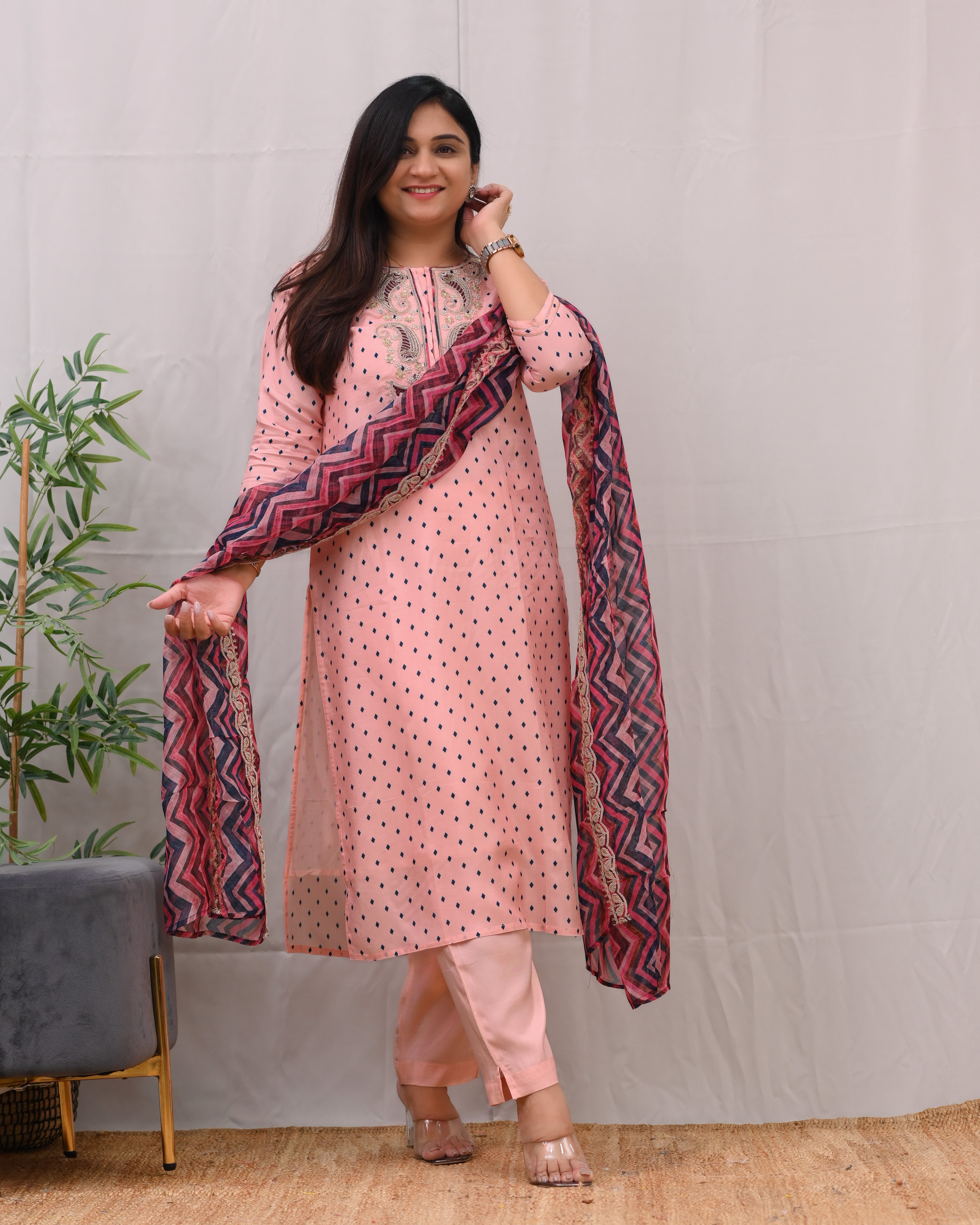 Peach Tissue Embroidered Pant Set - The Jaipur Studio