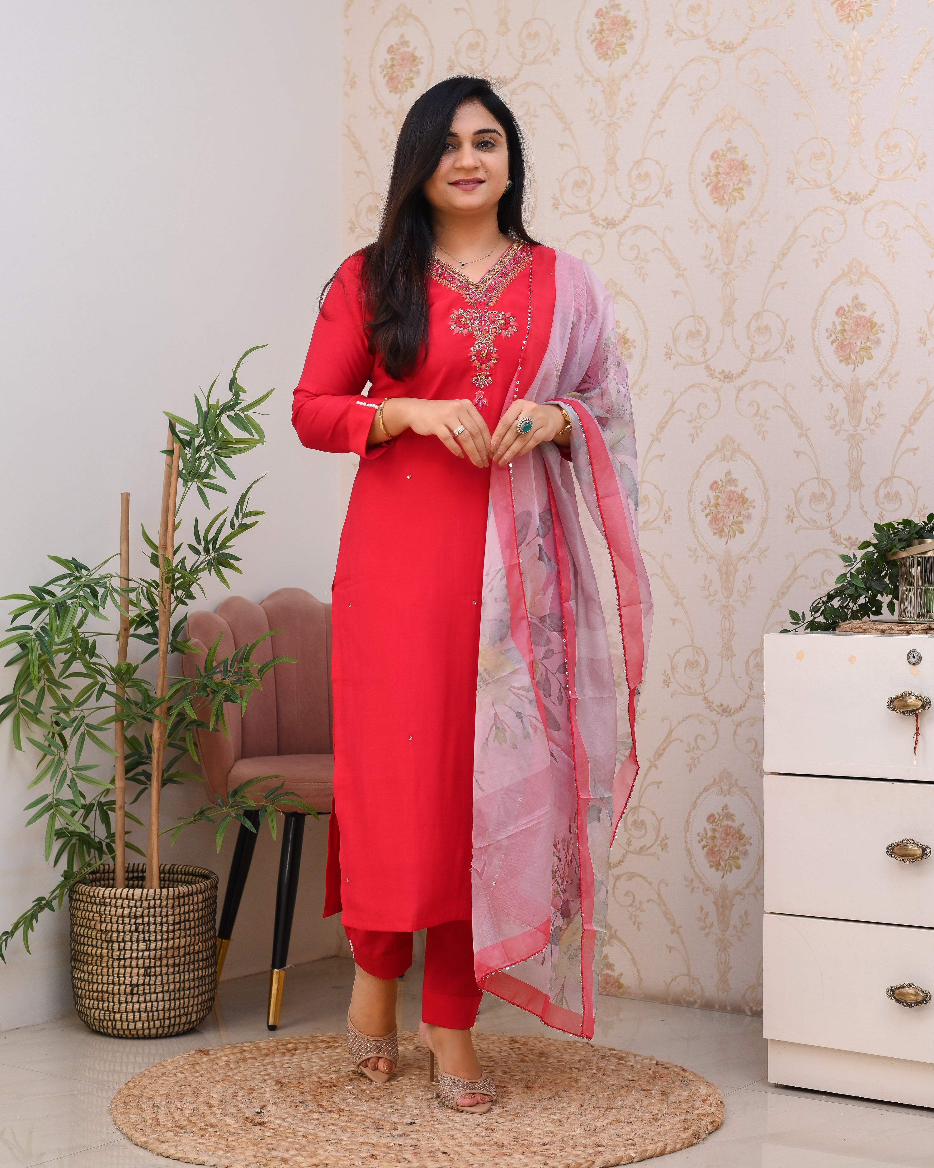 Pink Silk Hand embroidered Pant Set - The Jaipur Studio