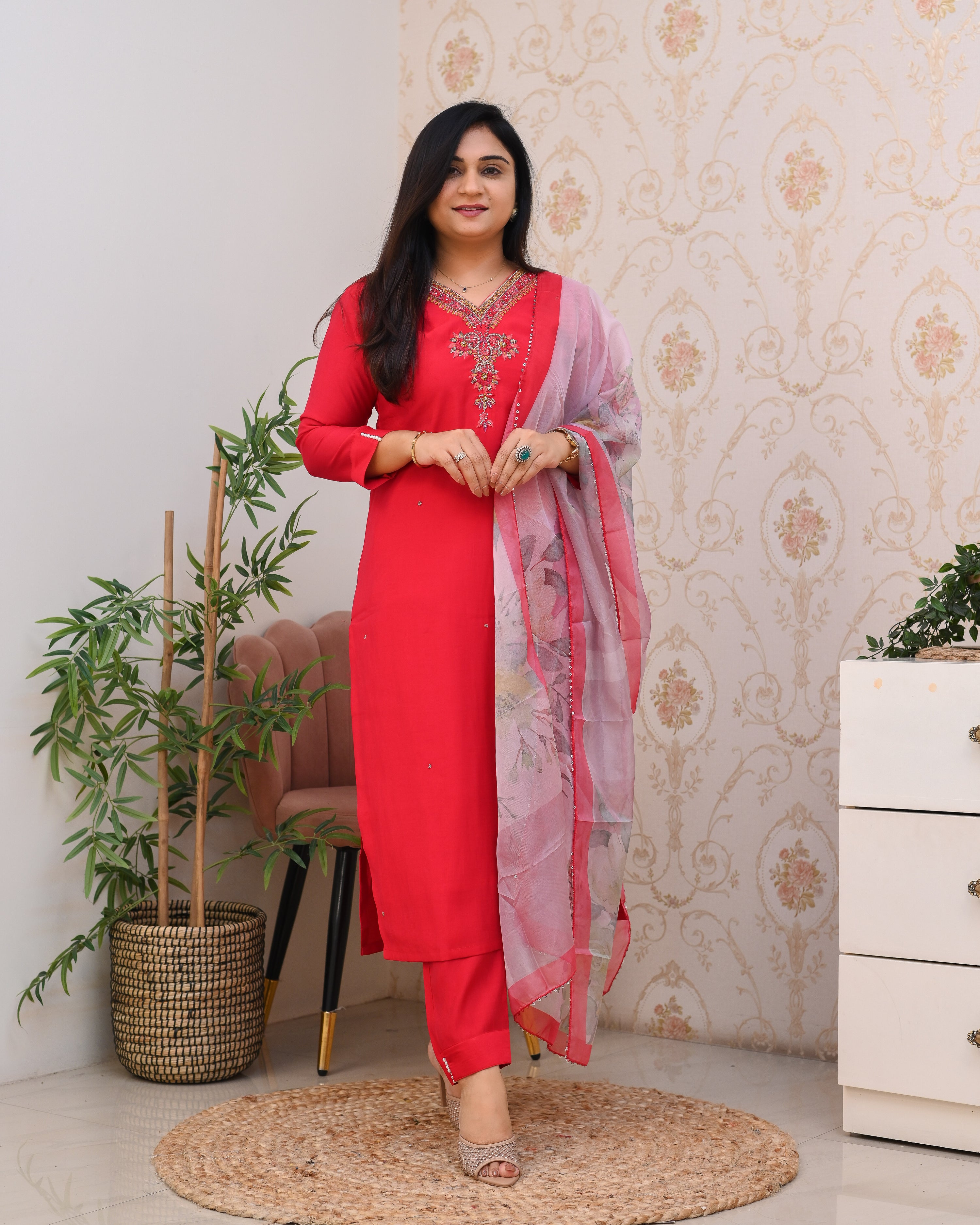 Pink Silk Hand embroidered Pant Set - The Jaipur Studio