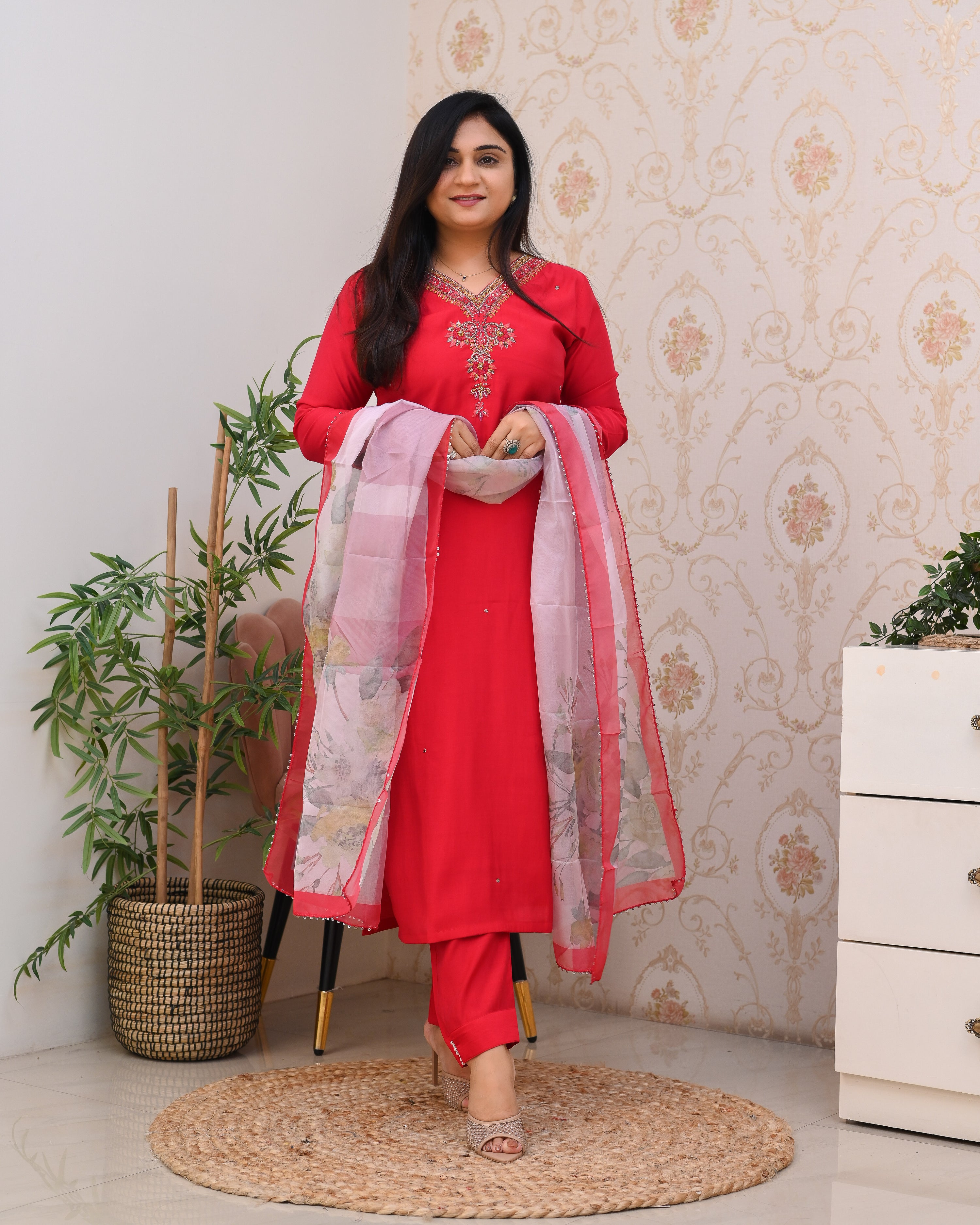 Pink Silk Hand embroidered Pant Set - The Jaipur Studio