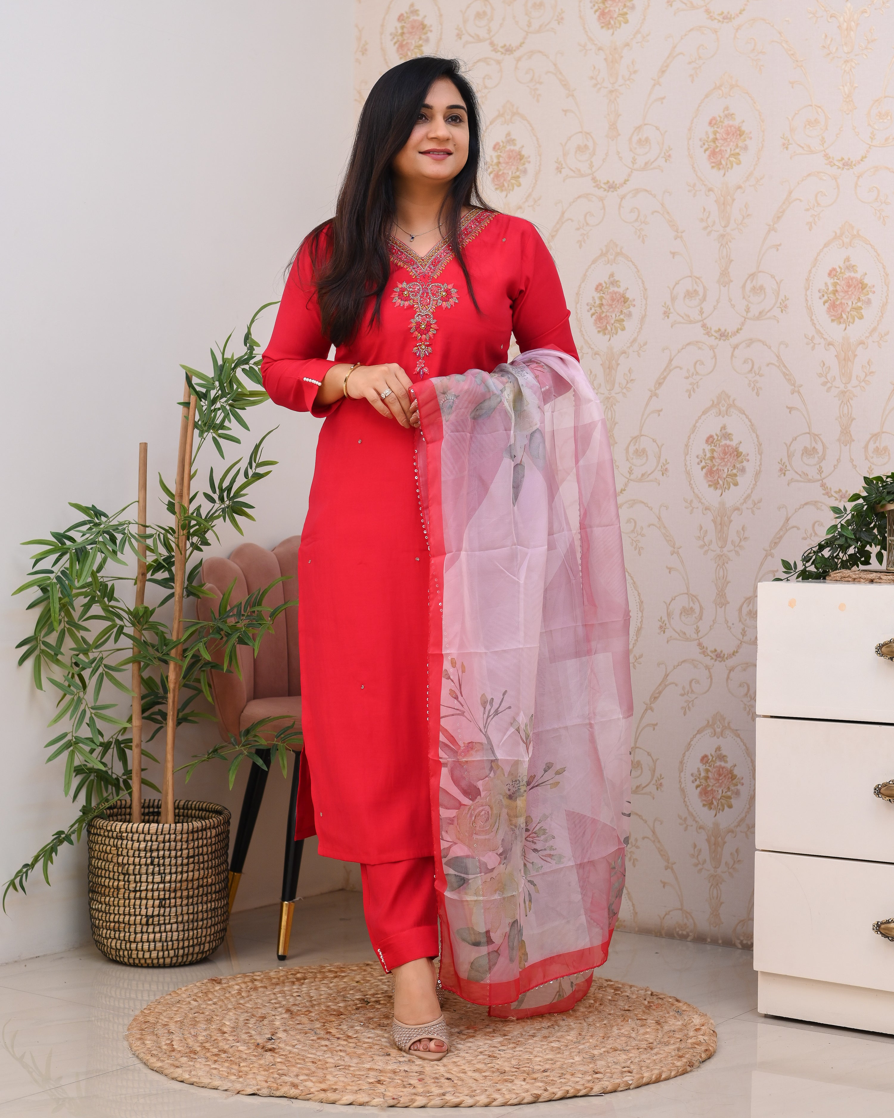 Pink Silk Hand embroidered Pant Set - The Jaipur Studio