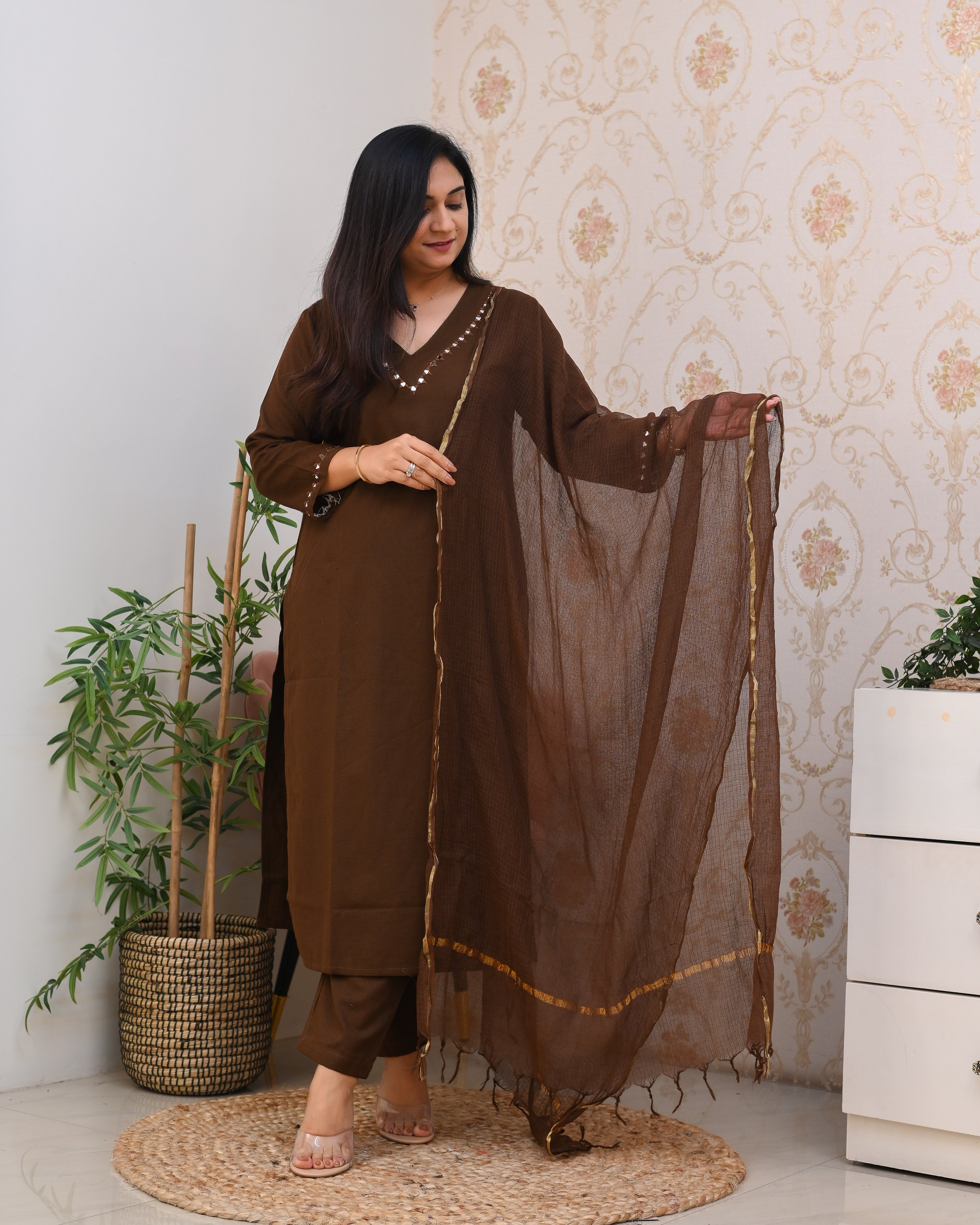 Mirror Embroidered Cotton Solid Color Pant Set - The Jaipur Studio