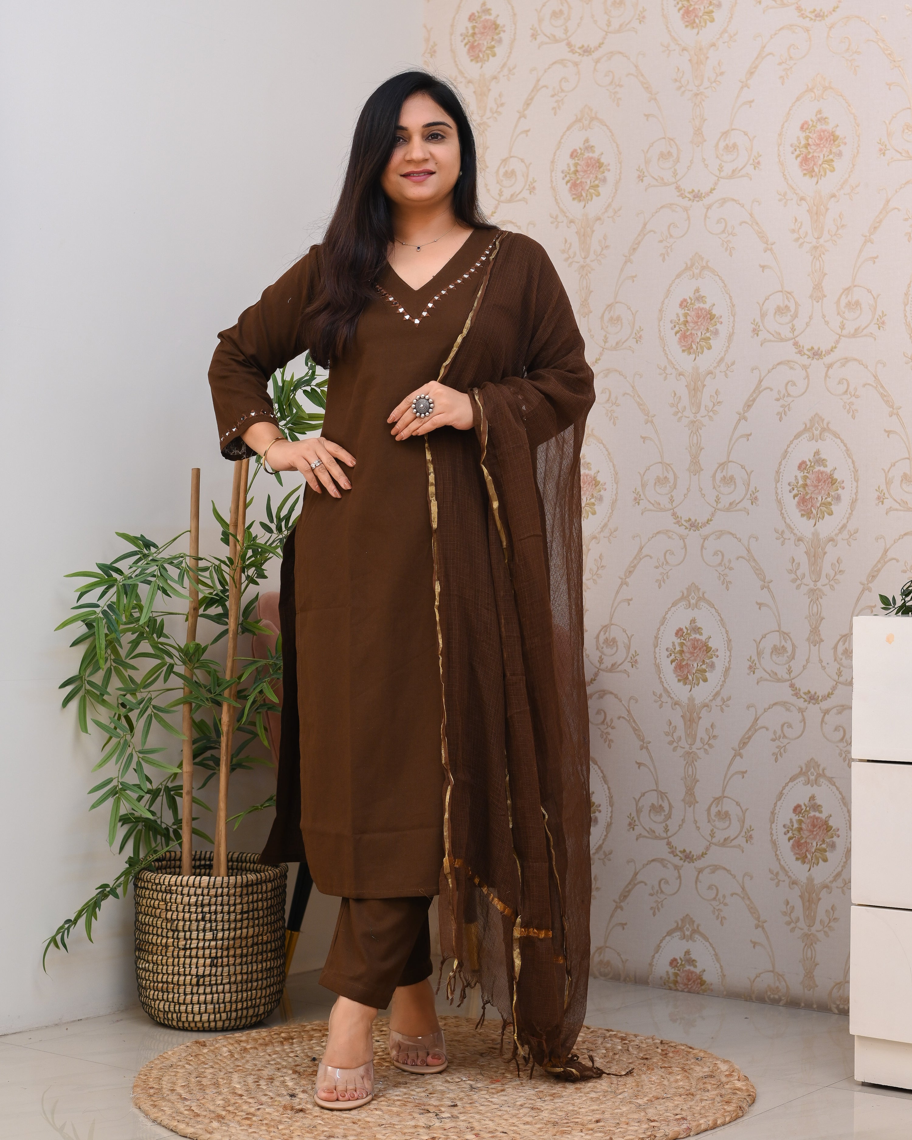 Mirror Embroidered Cotton Solid Color Pant Set - The Jaipur Studio