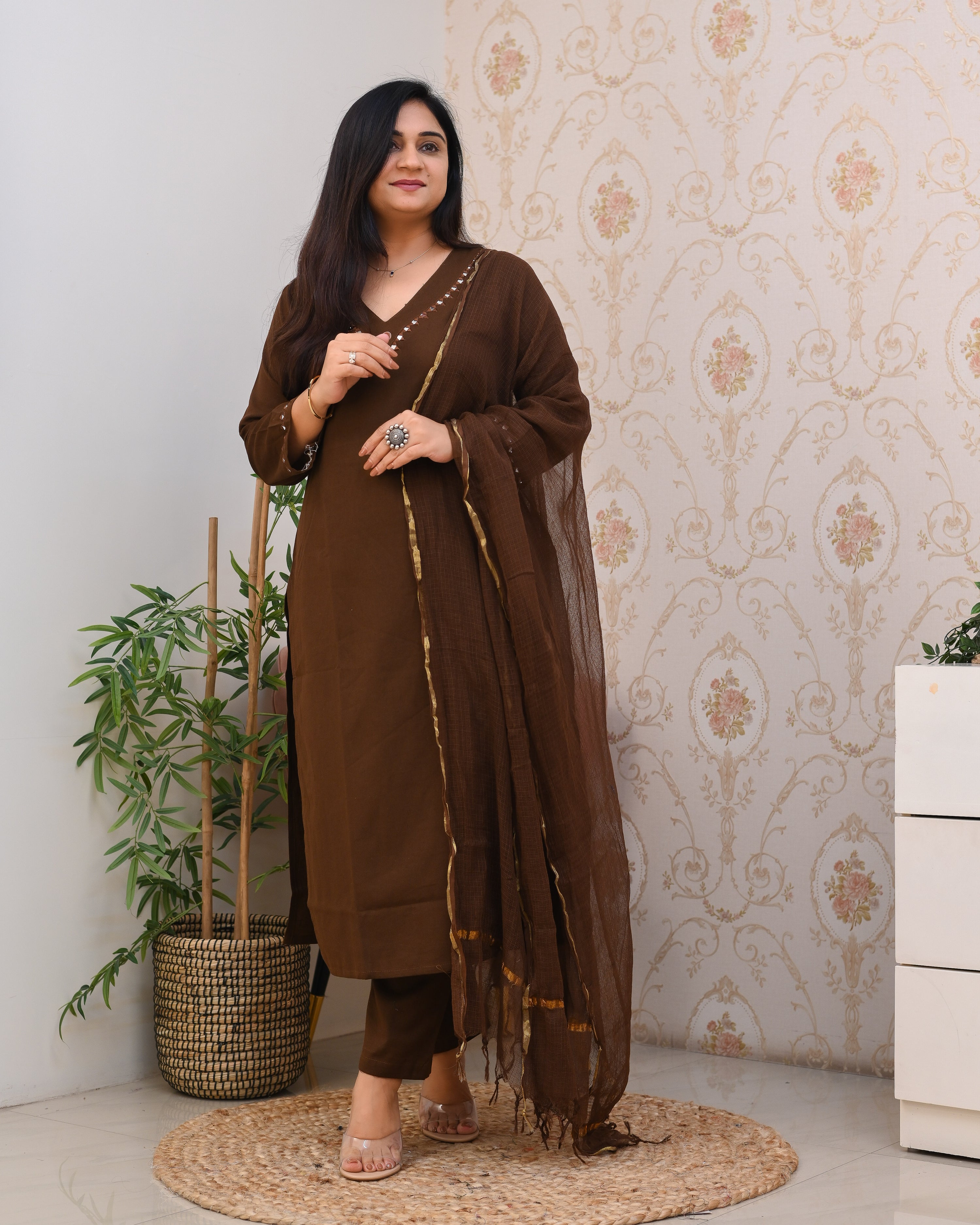 Mirror Embroidered Cotton Solid Color Pant Set - The Jaipur Studio