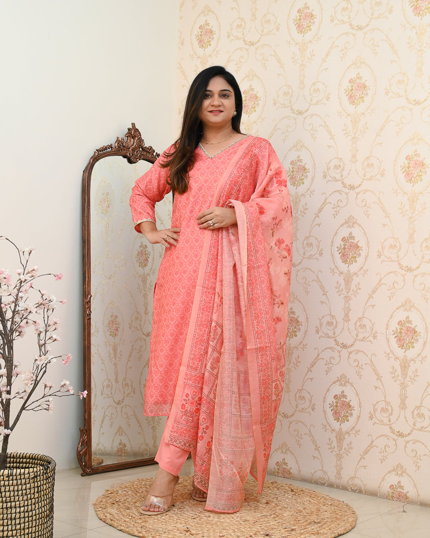 'Khanak' Handblock Print Embroidered Chanderi Pant Set - The Jaipur Studio