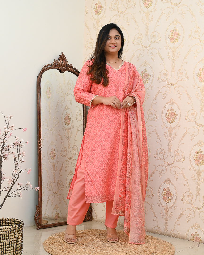 'Khanak' Handblock Print Embroidered Chanderi Pant Set - The Jaipur Studio