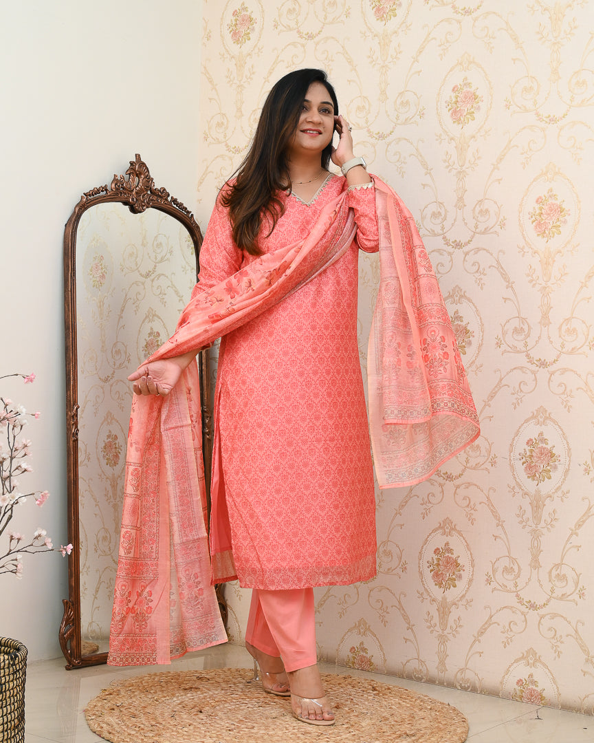 'Khanak' Handblock Print Embroidered Chanderi Pant Set - The Jaipur Studio