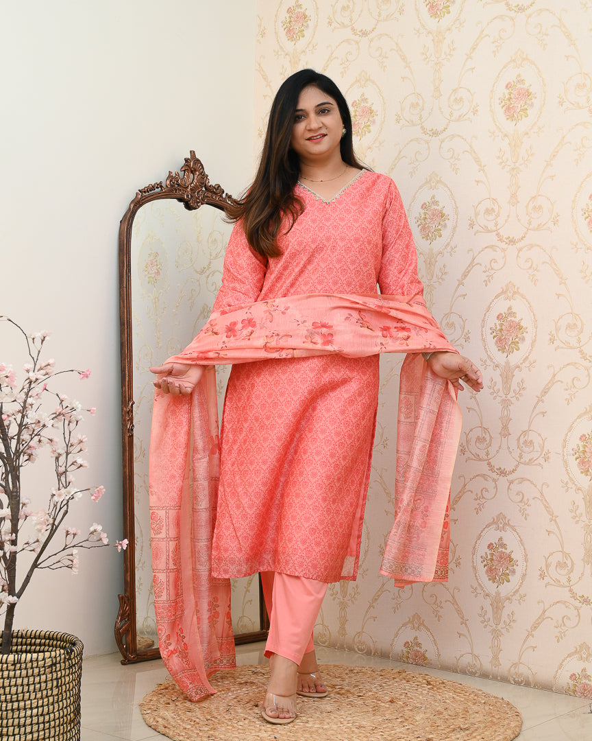 'Khanak' Handblock Print Embroidered Chanderi Pant Set - The Jaipur Studio