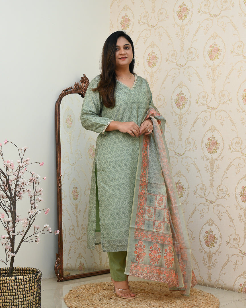'Khanak' Handblock Print Embroidered Chanderi Pant Set - The Jaipur Studio