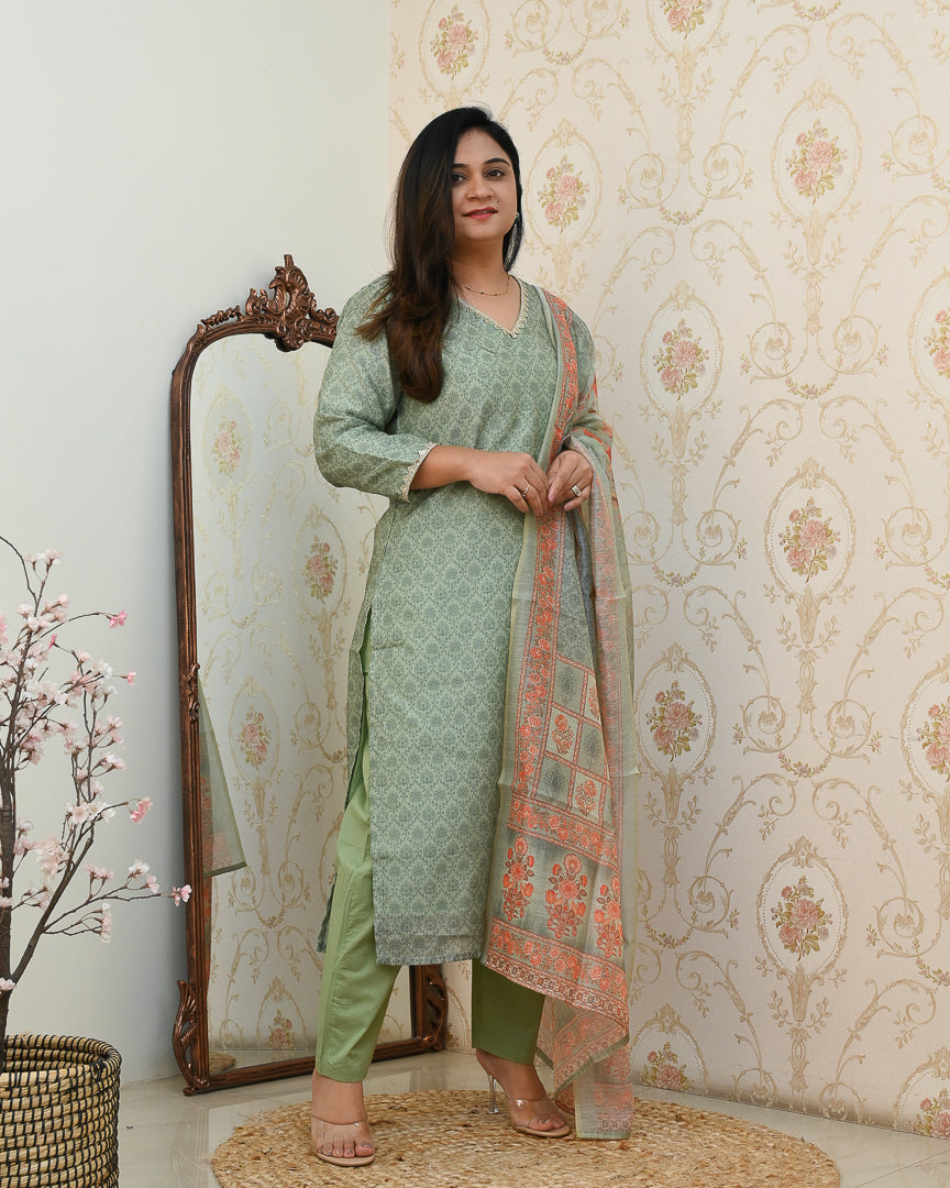 'Khanak' Handblock Print Embroidered Chanderi Pant Set - The Jaipur Studio