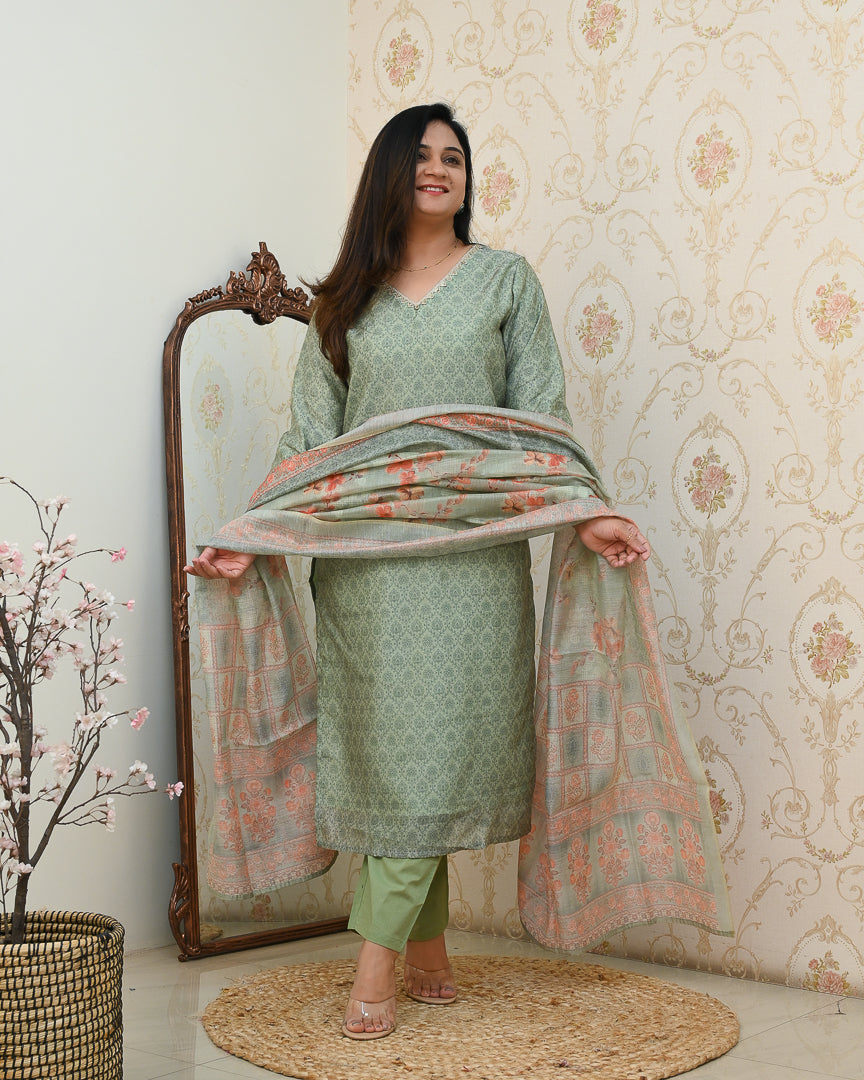 'Khanak' Handblock Print Embroidered Chanderi Pant Set - The Jaipur Studio