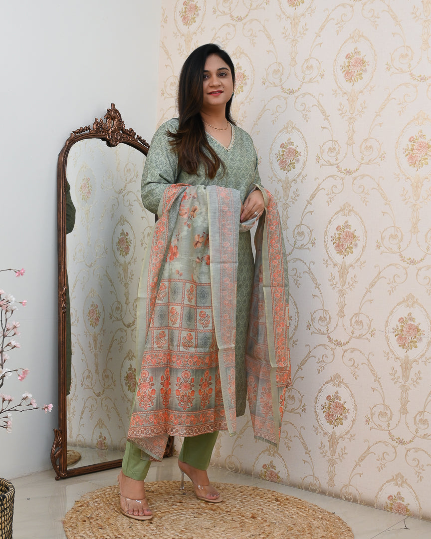 'Khanak' Handblock Print Embroidered Chanderi Pant Set - The Jaipur Studio