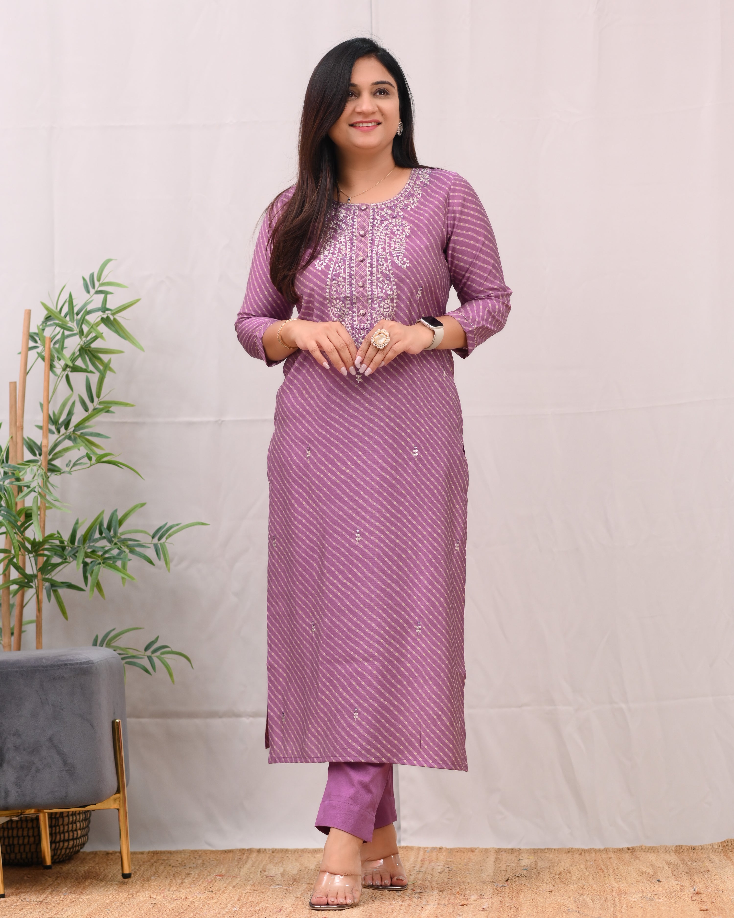 Ashika Muslin Leheriya Embroidered Pant Set - The Jaipur Studio