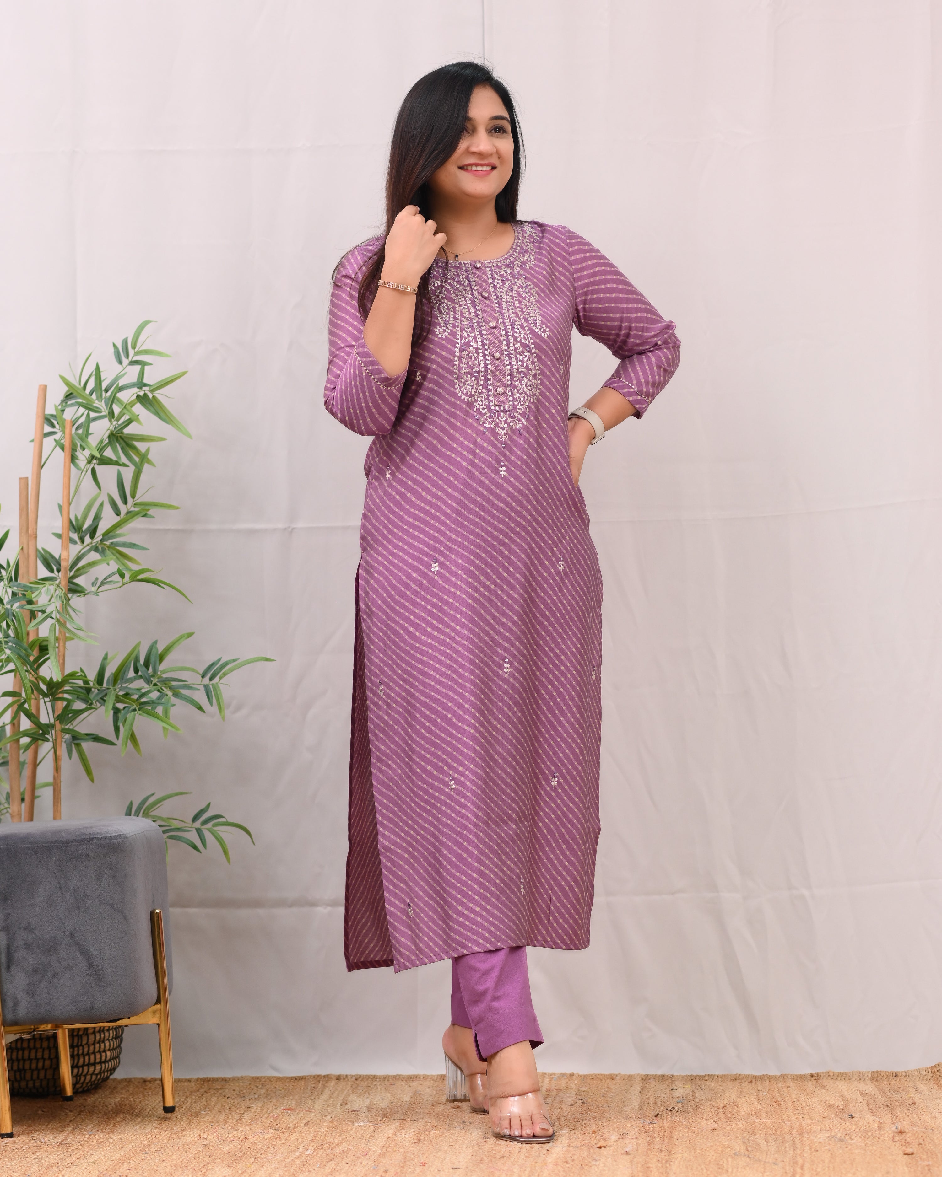 Ashika Muslin Leheriya Embroidered Pant Set - The Jaipur Studio
