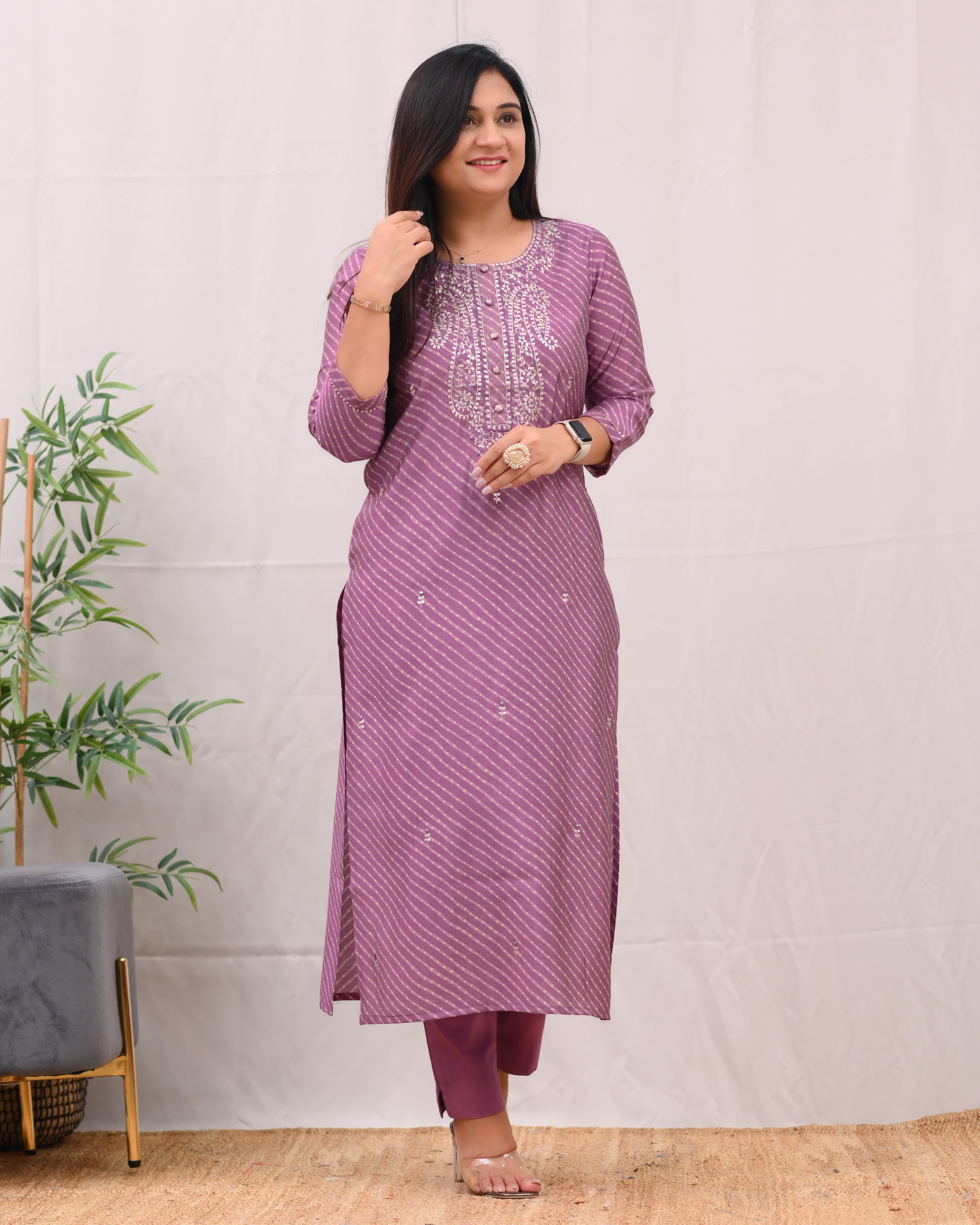 Ashika Muslin Leheriya Embroidered Pant Set - The Jaipur Studio