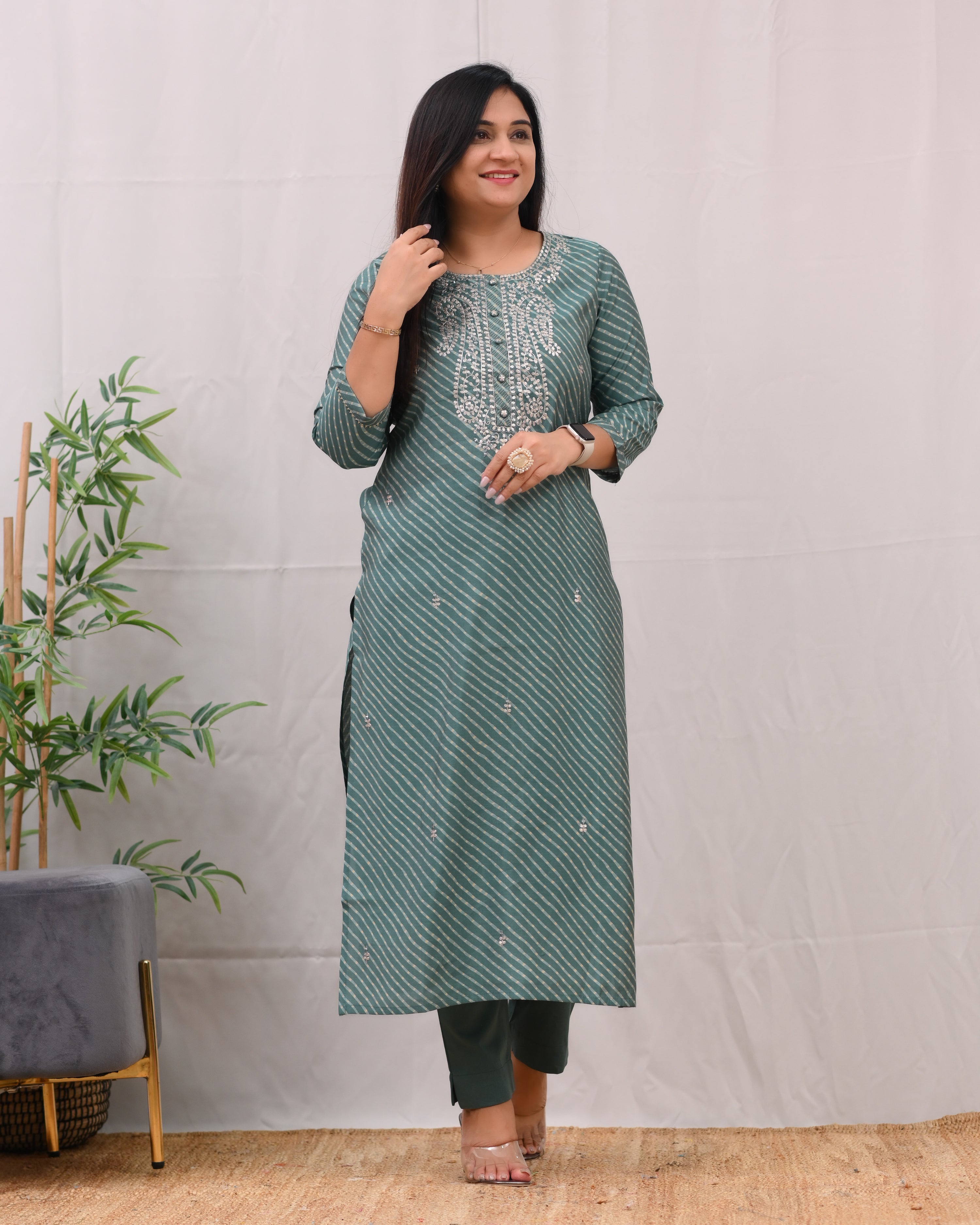 Ashika Muslin Leheriya Embroidered Pant Set - The Jaipur Studio