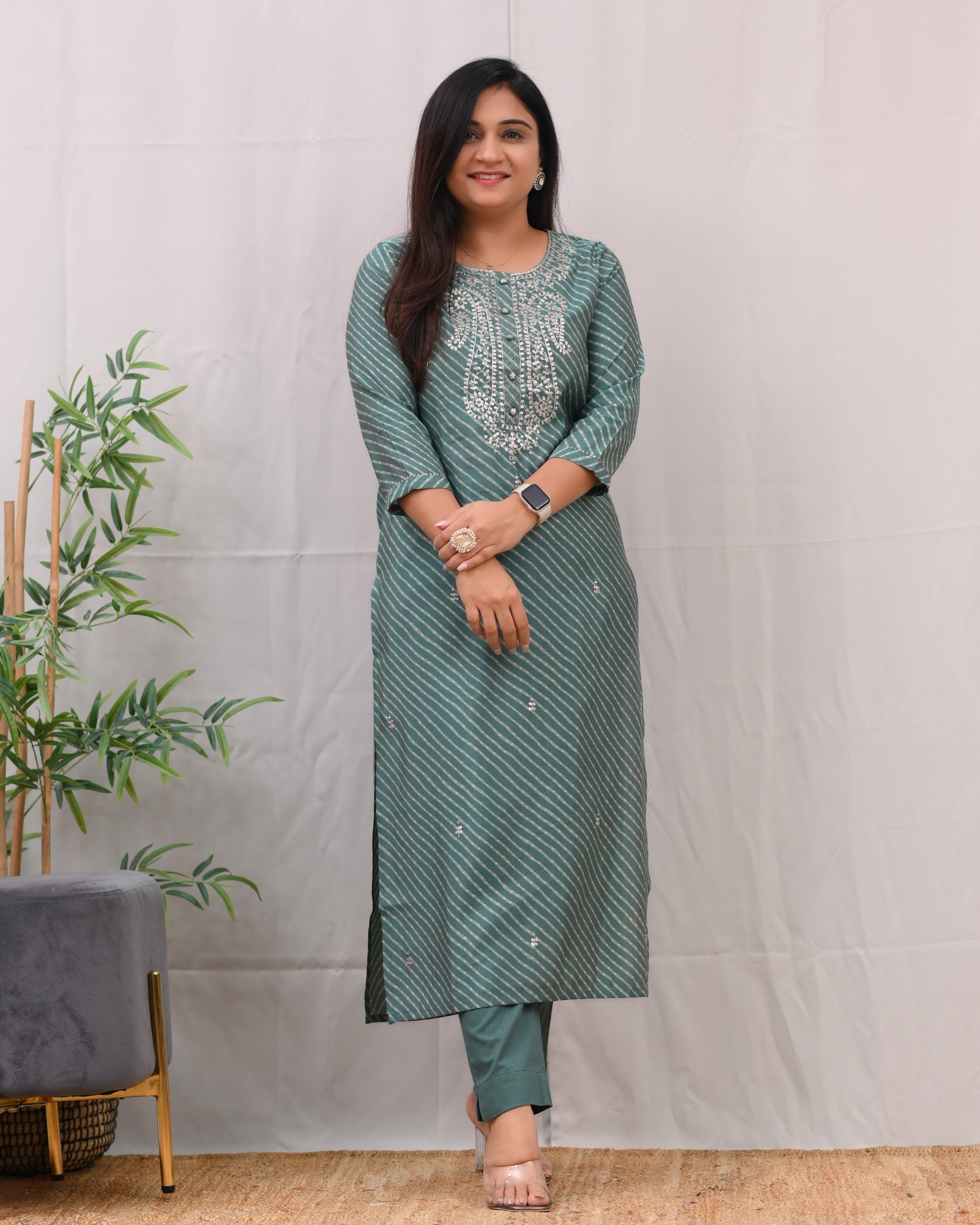 Ashika Muslin Leheriya Embroidered Pant Set - The Jaipur Studio