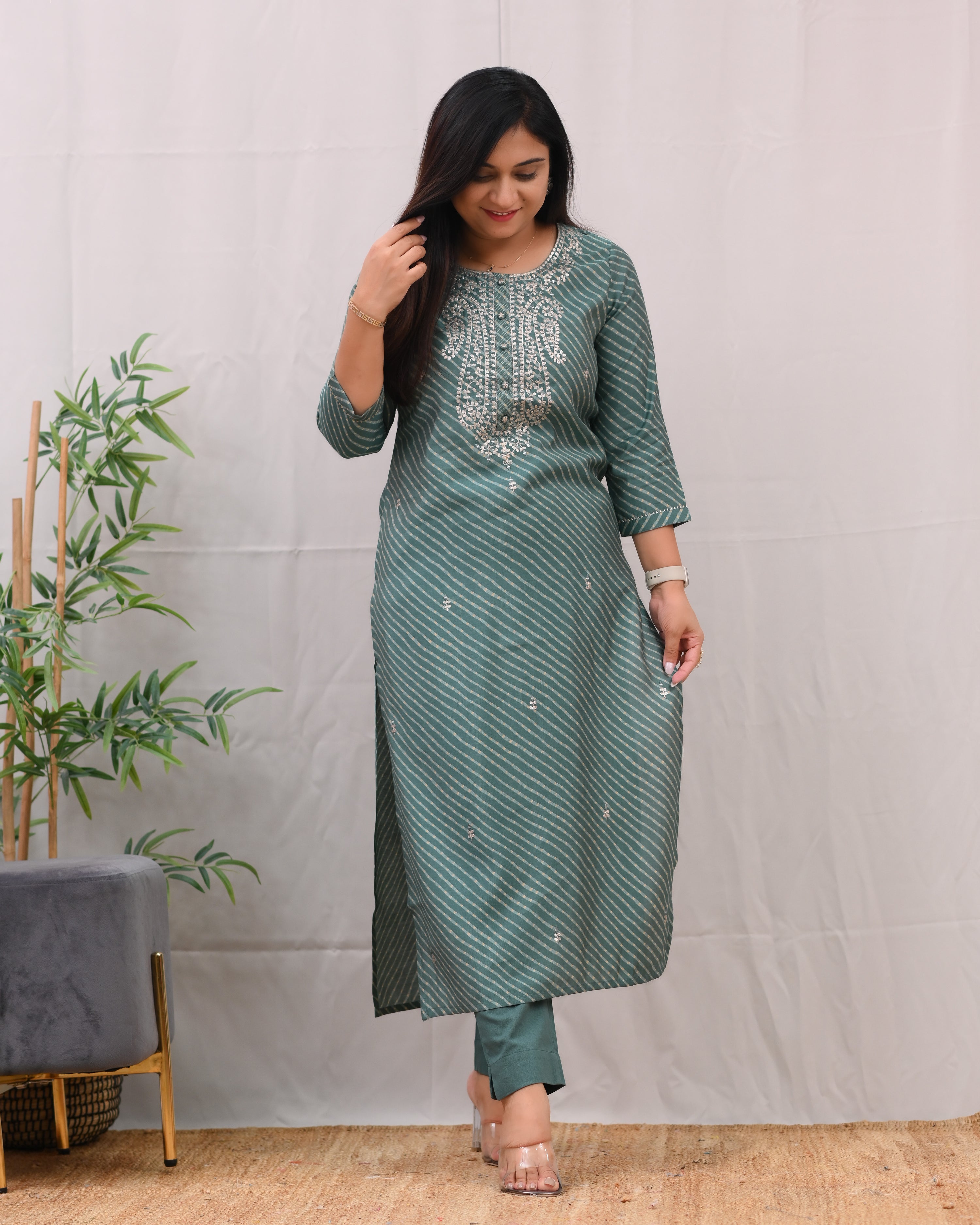 Ashika Muslin Leheriya Embroidered Pant Set - The Jaipur Studio