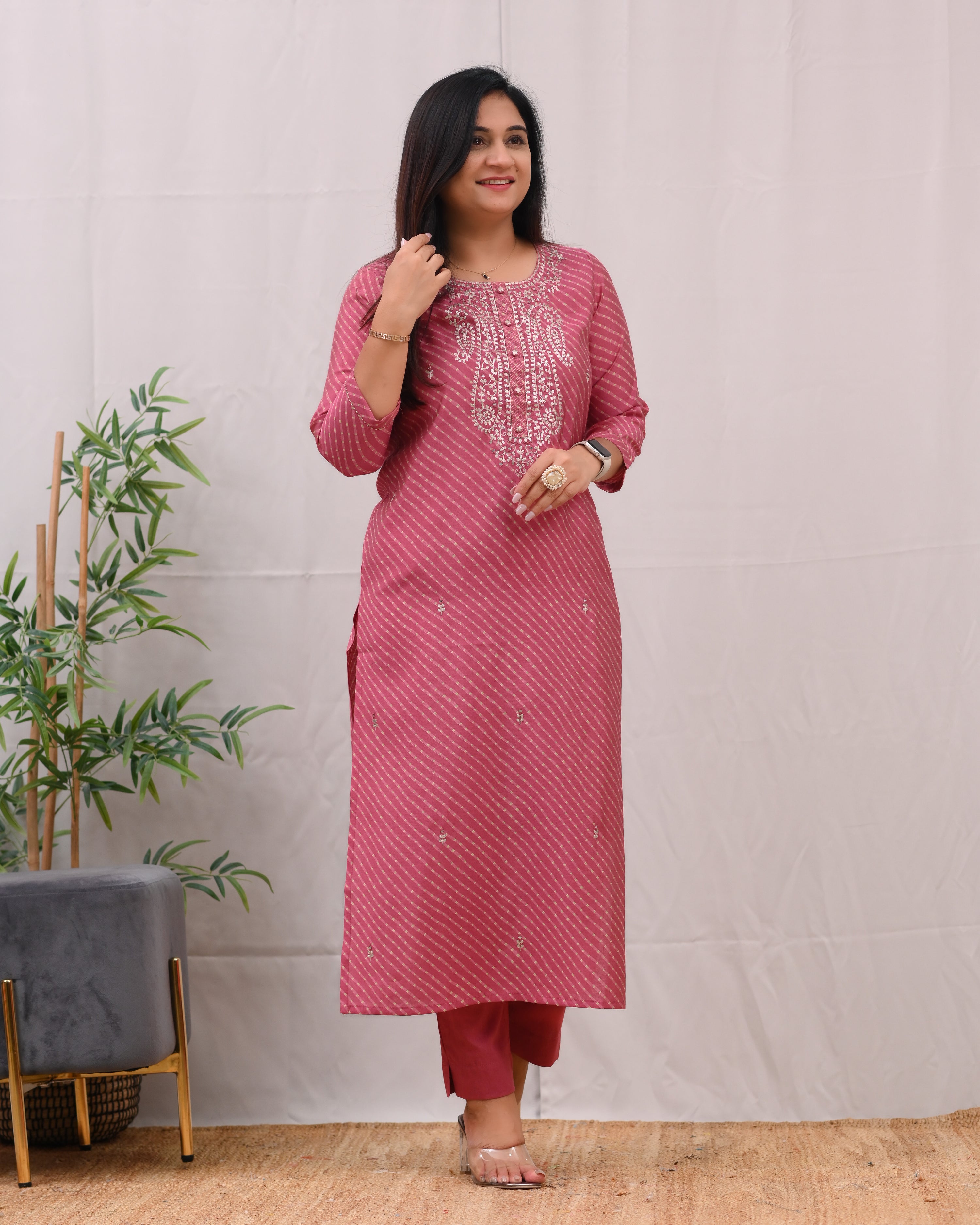 Ashika Muslin Leheriya Embroidered Pant Set - The Jaipur Studio