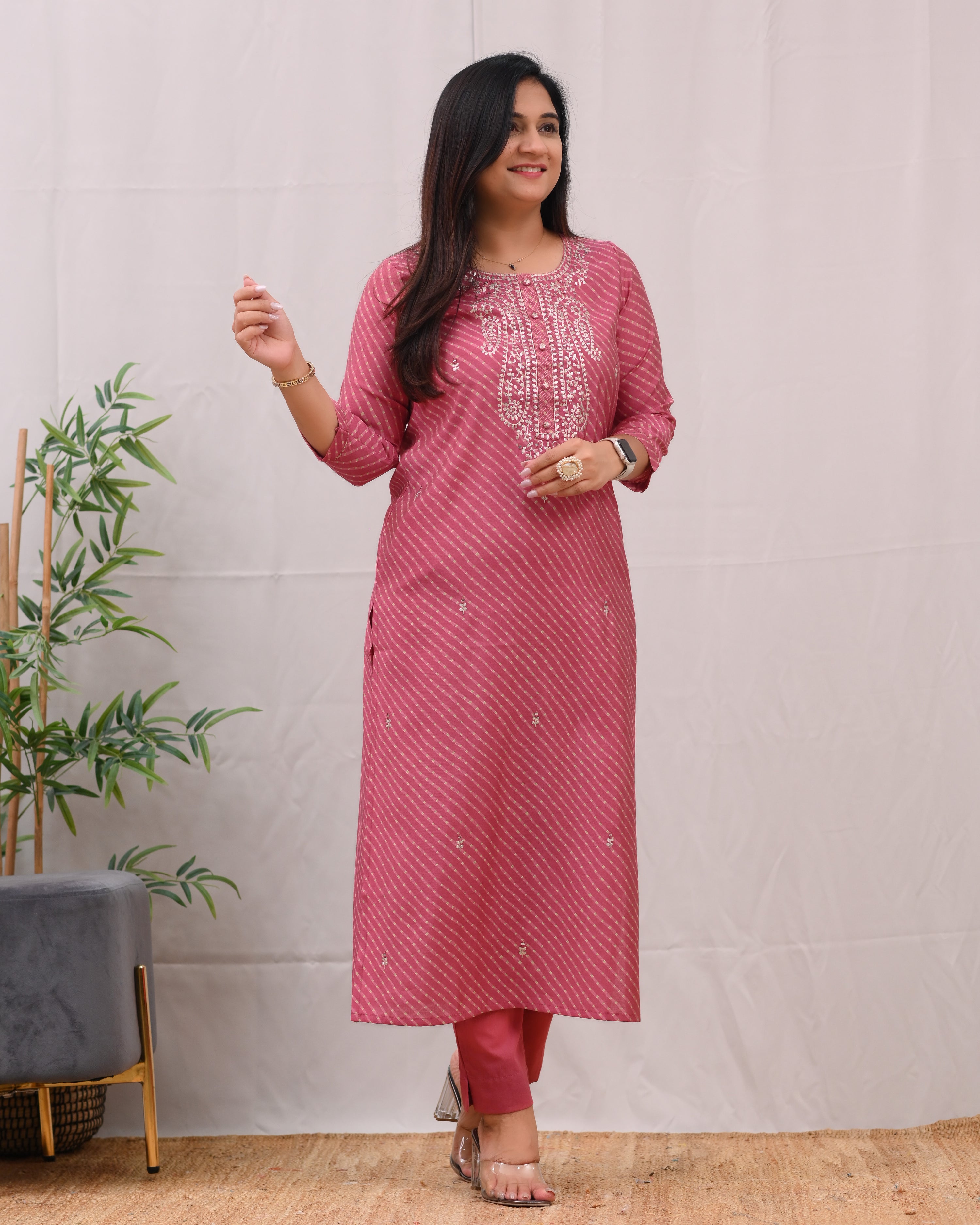 Ashika Muslin Leheriya Embroidered Pant Set - The Jaipur Studio
