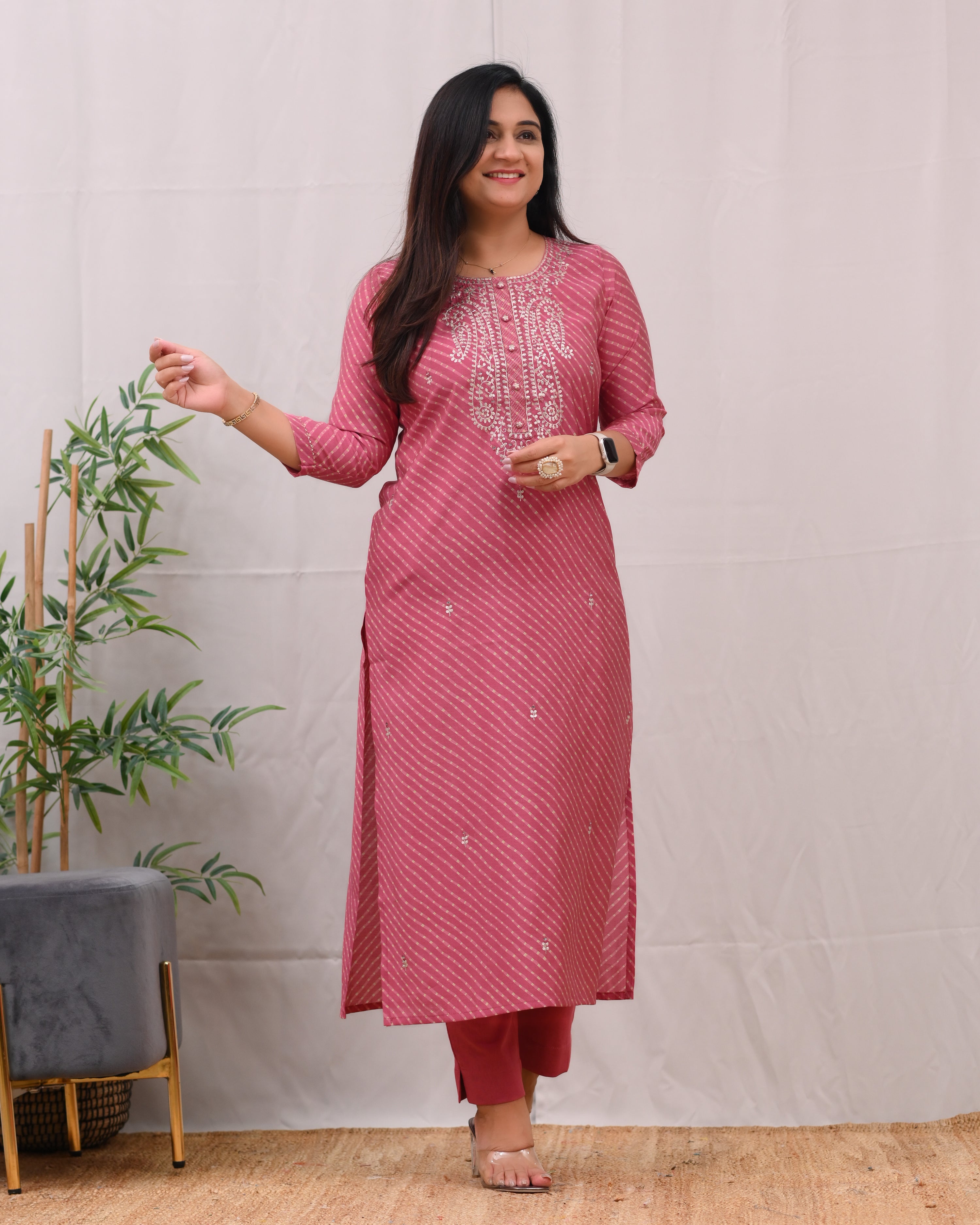 Ashika Muslin Leheriya Embroidered Pant Set - The Jaipur Studio