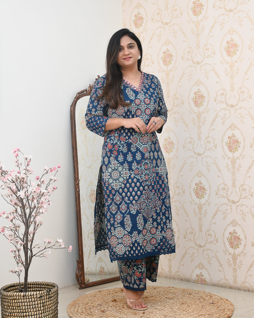 Ajrakh Embroidered Cotton Coord Set - The Jaipur Studio