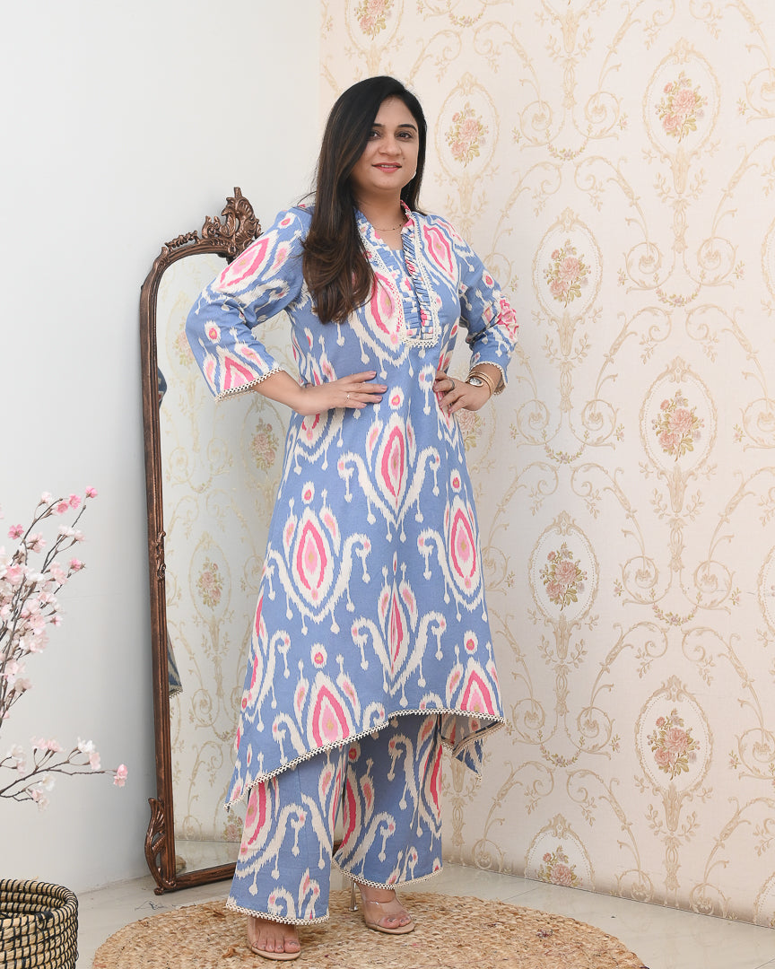 Ikkat Cotton Asymmetric A-line Casual Coord Set - The Jaipur Studio