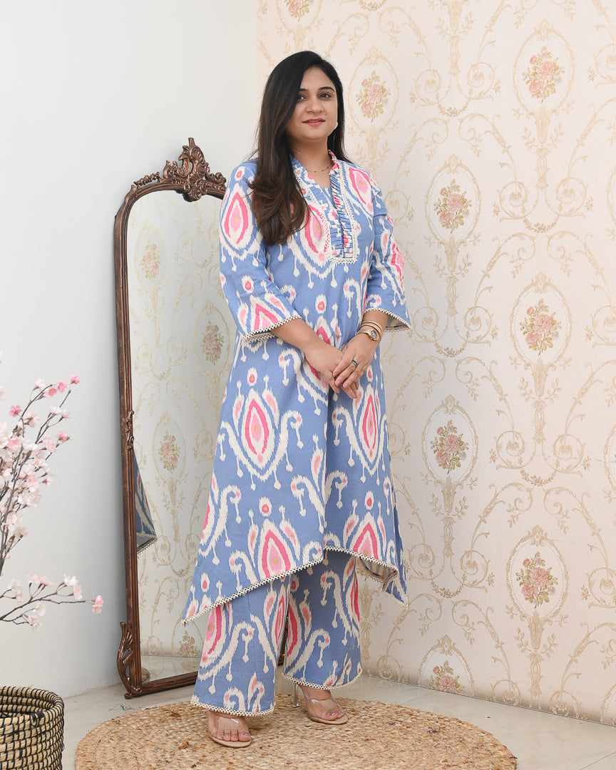 Ikkat Cotton Asymmetric A-line Casual Coord Set - The Jaipur Studio