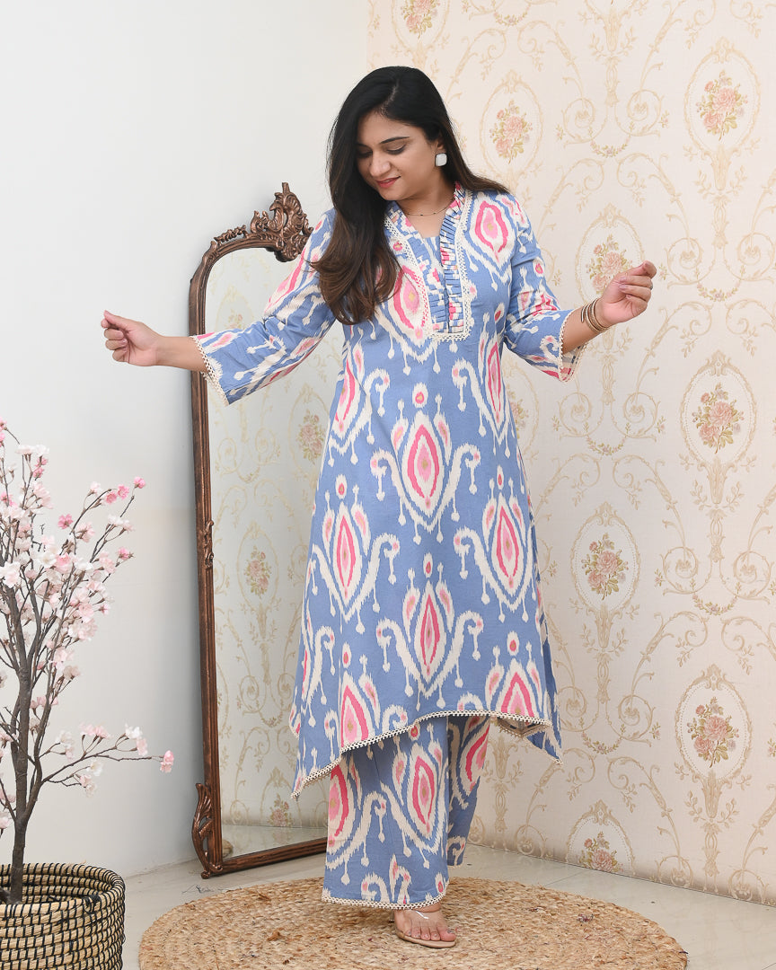 Ikkat Cotton Asymmetric A-line Casual Coord Set - The Jaipur Studio