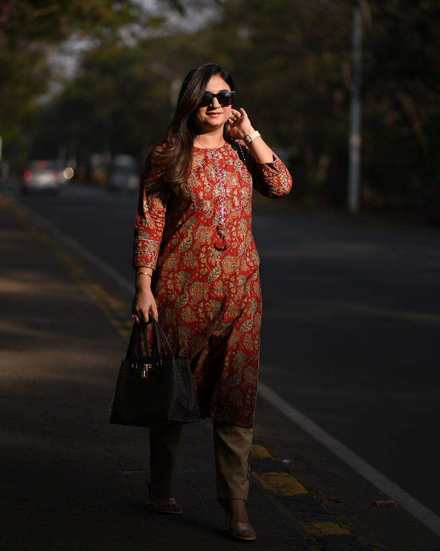 Cotton Floral Embroidered Casual Pant Set - The Jaipur Studio