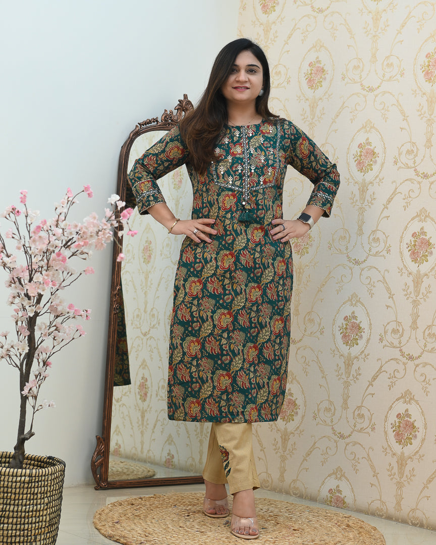 Cotton Floral Embroidered Casual Pant Set - The Jaipur Studio