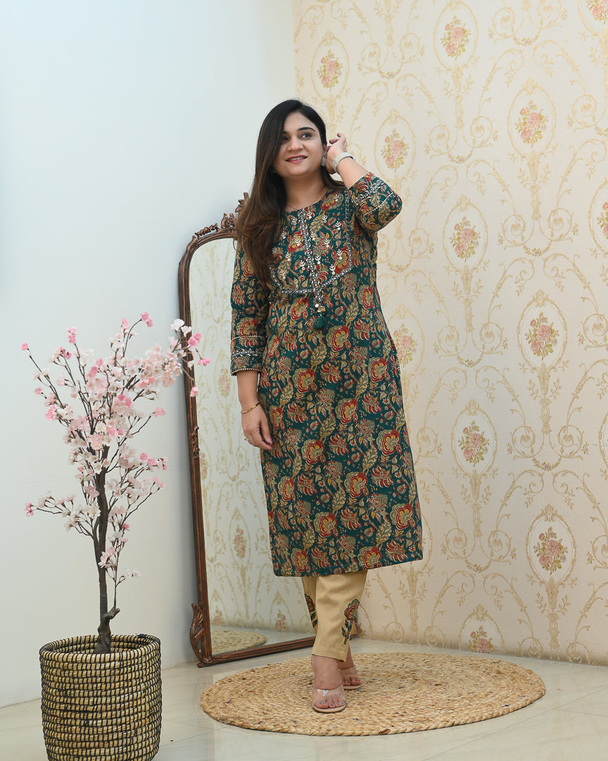 Cotton Floral Embroidered Casual Pant Set - The Jaipur Studio