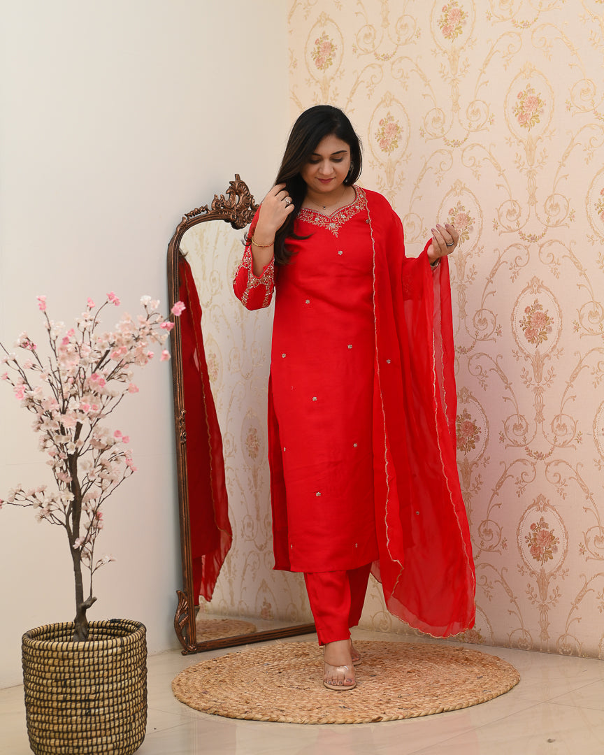 'Laila' Silk Hand Embroidered Pant Set - The Jaipur Studio