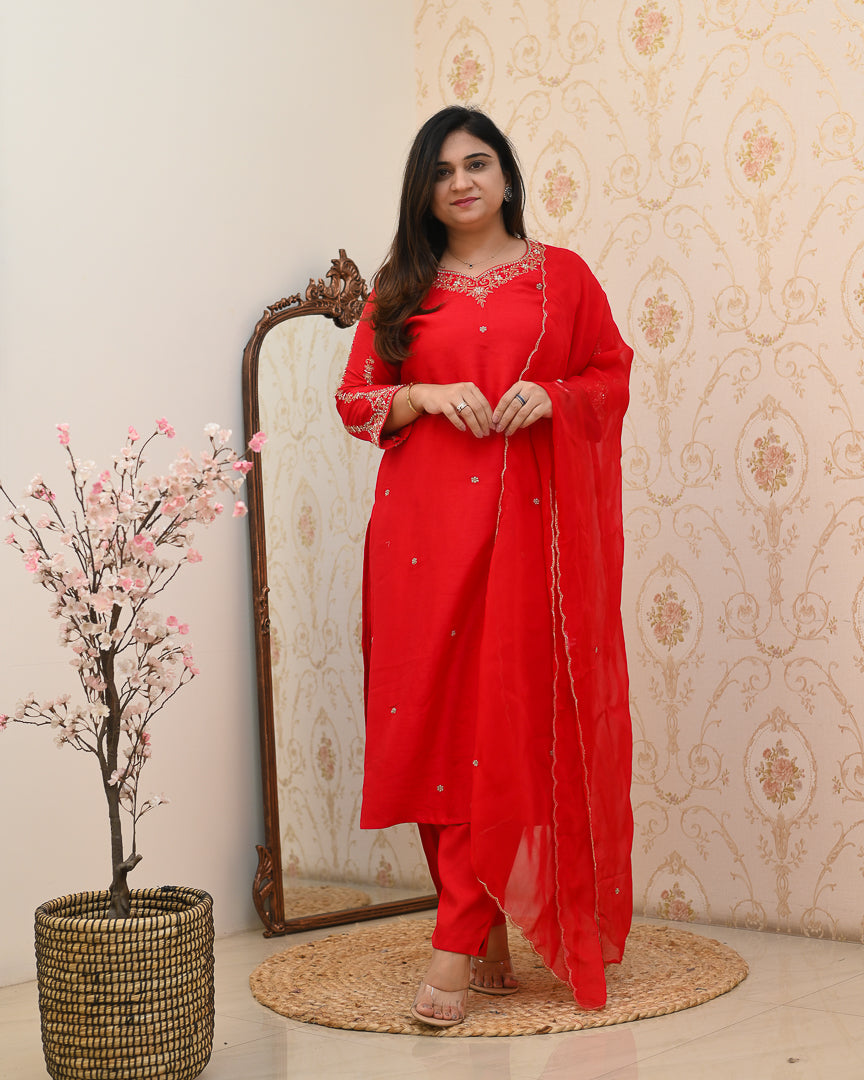 'Laila' Silk Hand Embroidered Pant Set - The Jaipur Studio