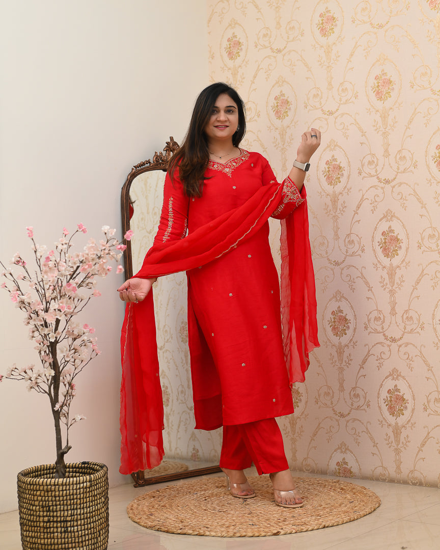 'Laila' Silk Hand Embroidered Pant Set - The Jaipur Studio