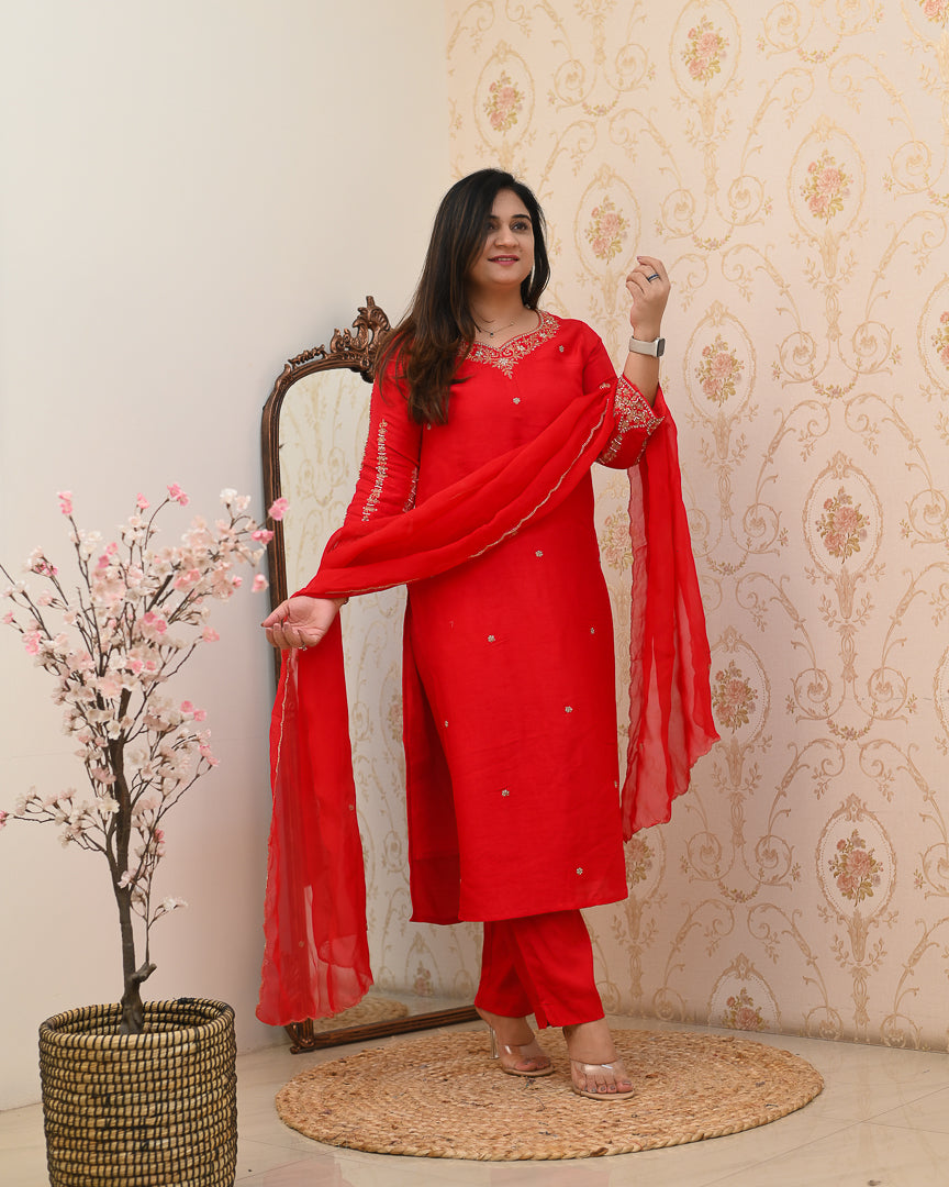 'Laila' Silk Hand Embroidered Pant Set - The Jaipur Studio