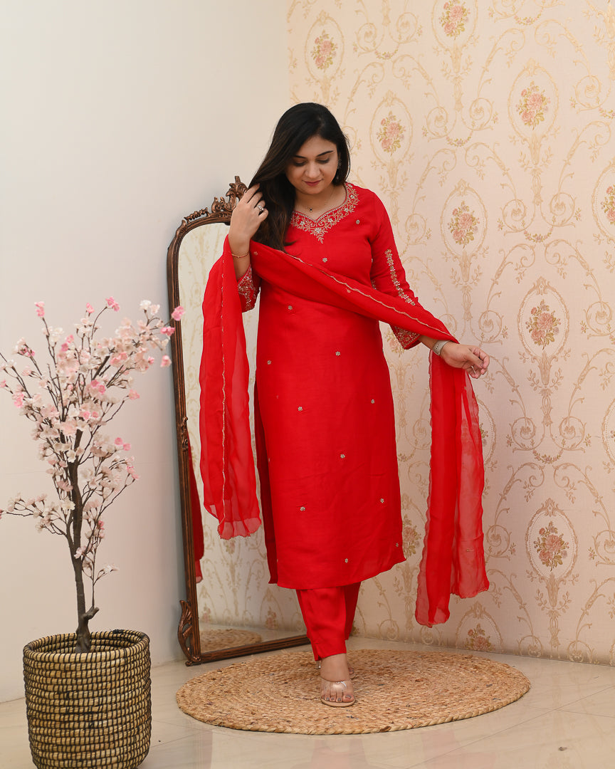 'Laila' Silk Hand Embroidered Pant Set - The Jaipur Studio