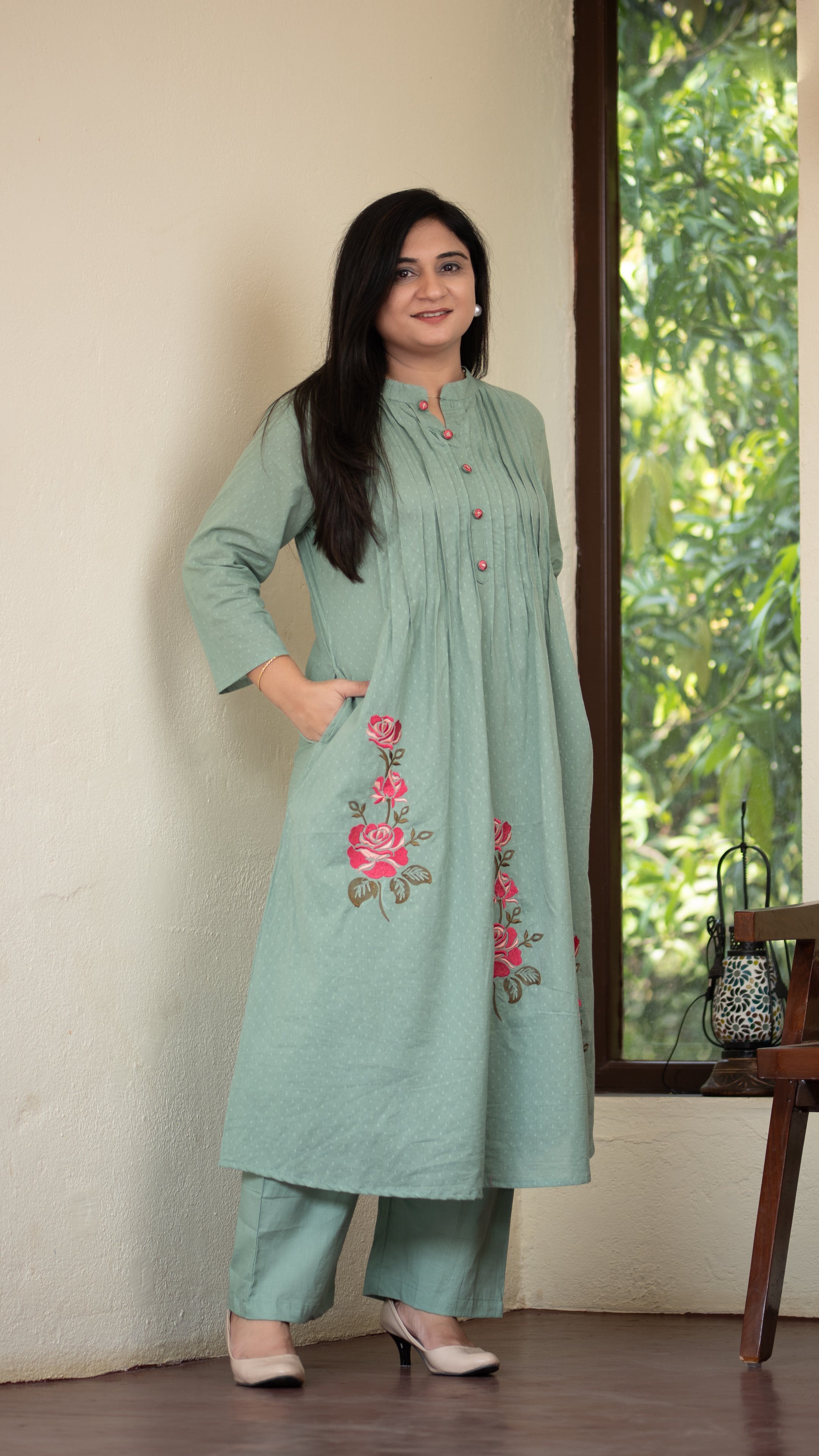 Ayaat Dobby Cotton A-line Embroidered Pant Set - The Jaipur Studio