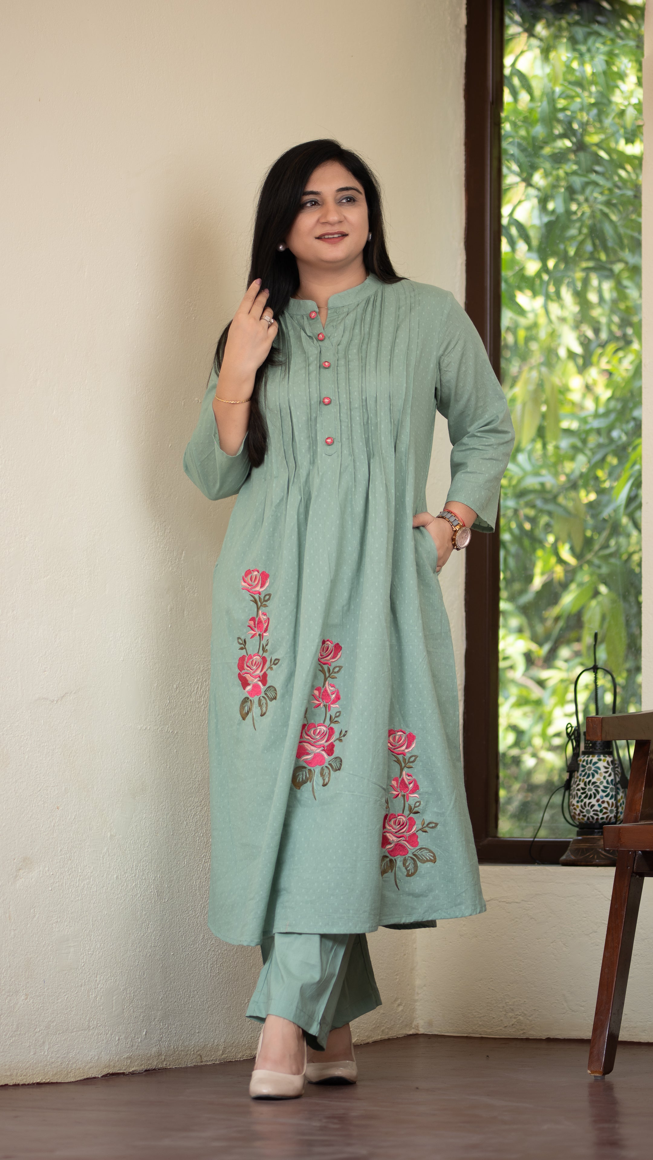 Ayaat Dobby Cotton A-line Embroidered Pant Set - The Jaipur Studio