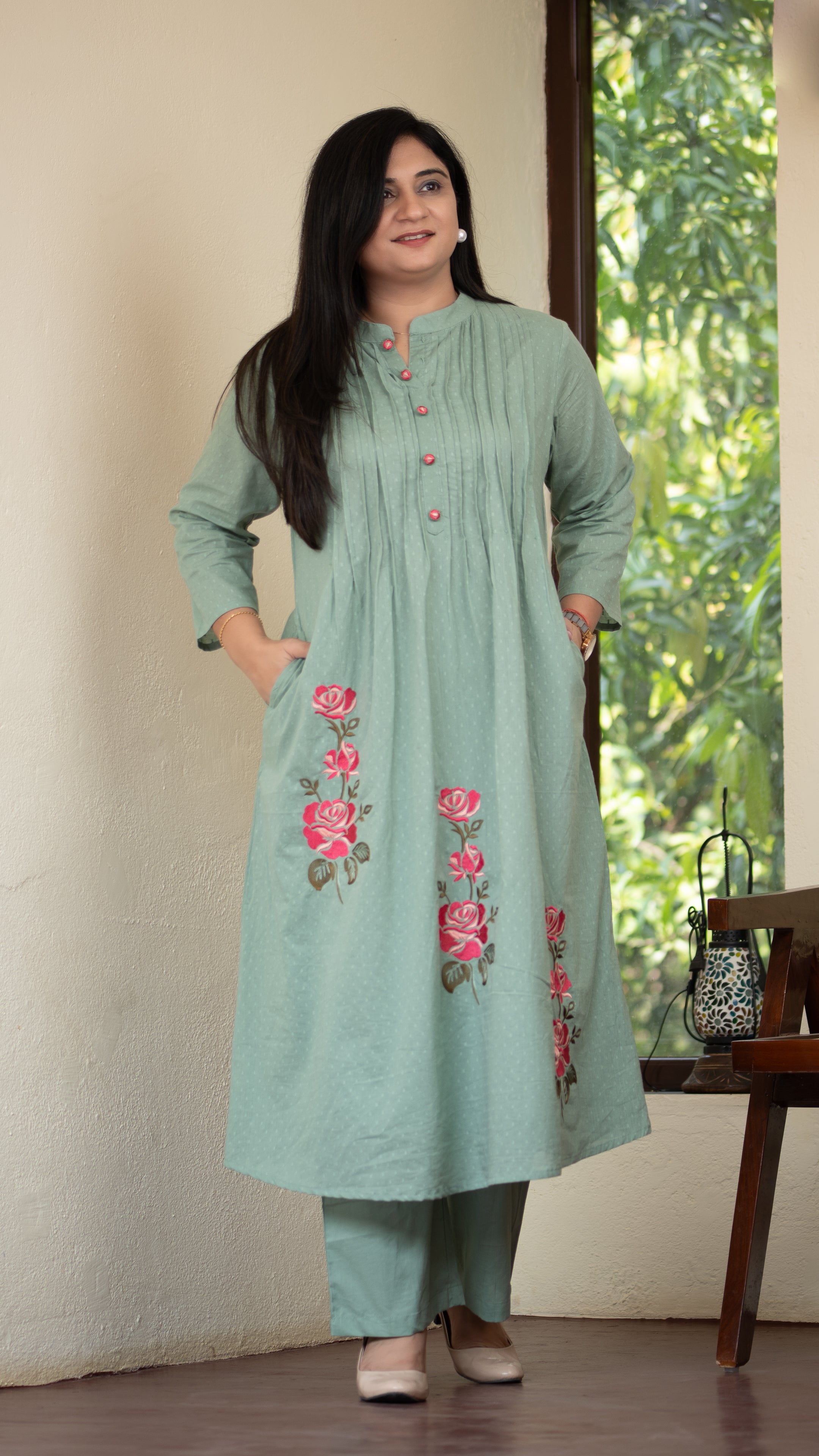 Ayaat Dobby Cotton A-line Embroidered Pant Set - The Jaipur Studio