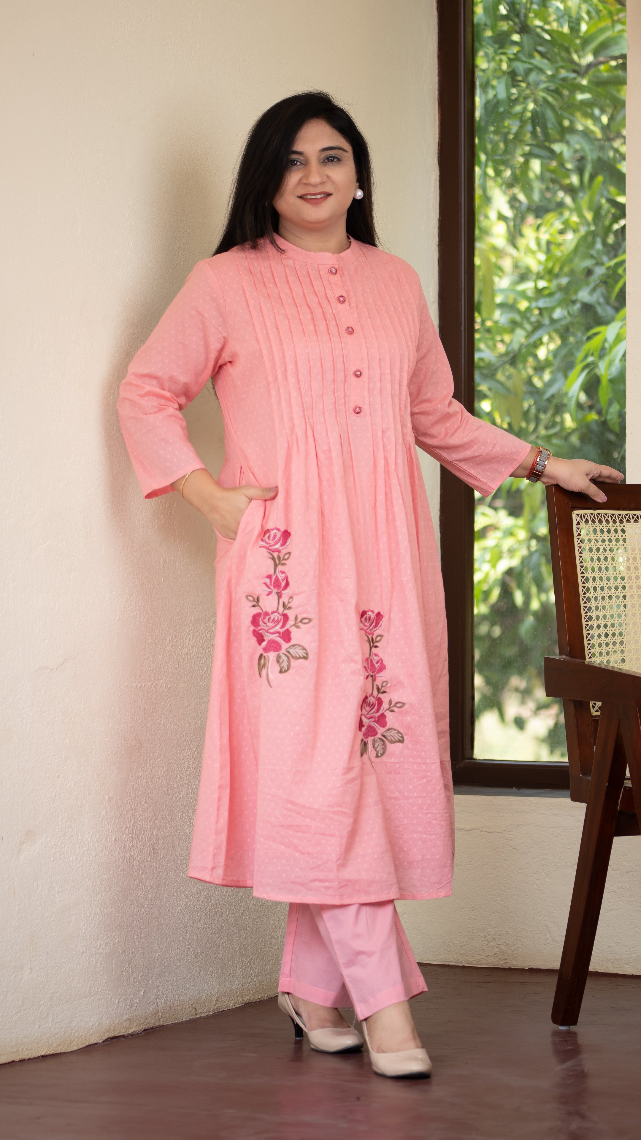 Ayaat Dobby Cotton A-line Embroidered Pant Set - The Jaipur Studio