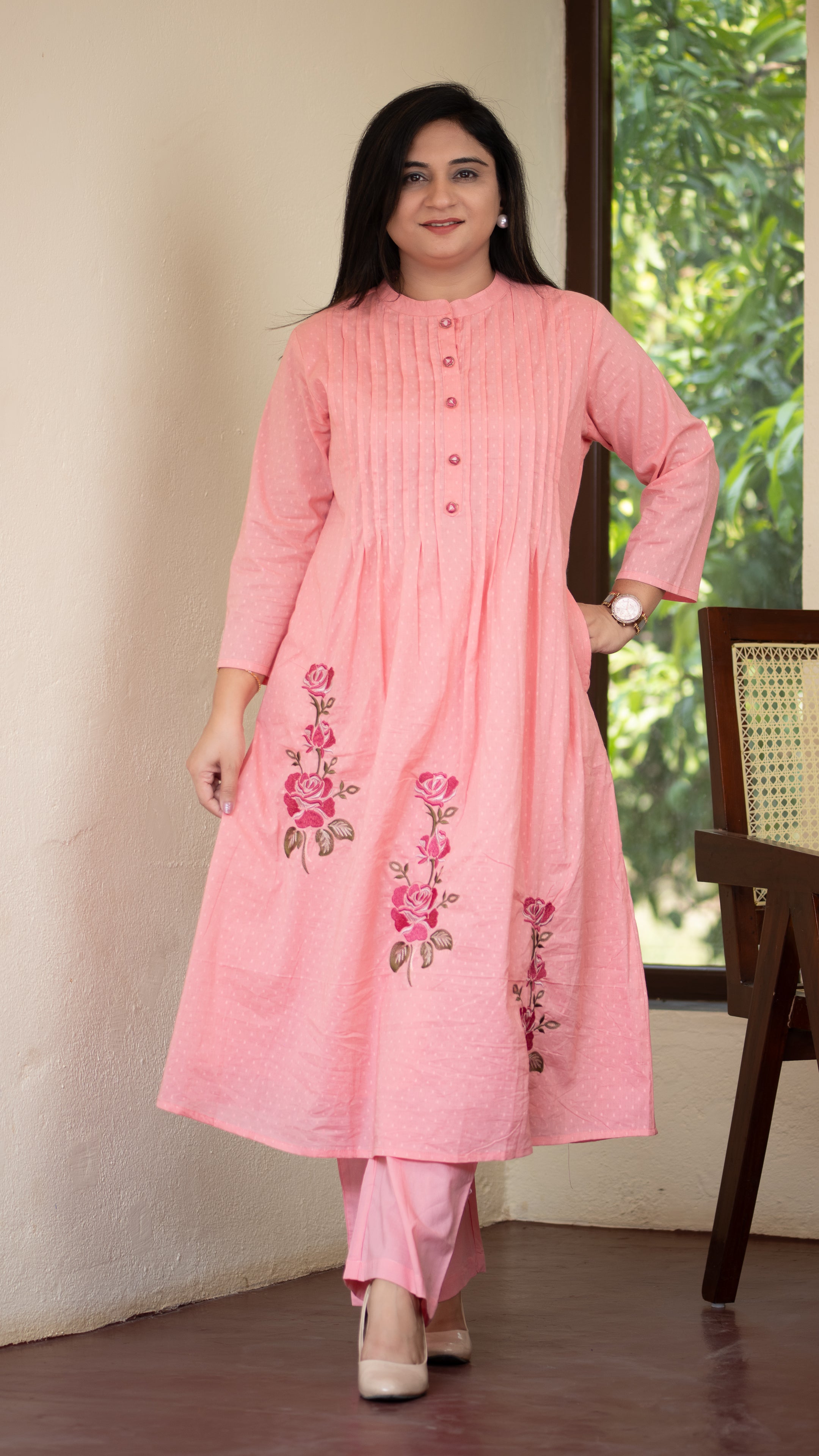 Ayaat Dobby Cotton A-line Embroidered Pant Set - The Jaipur Studio