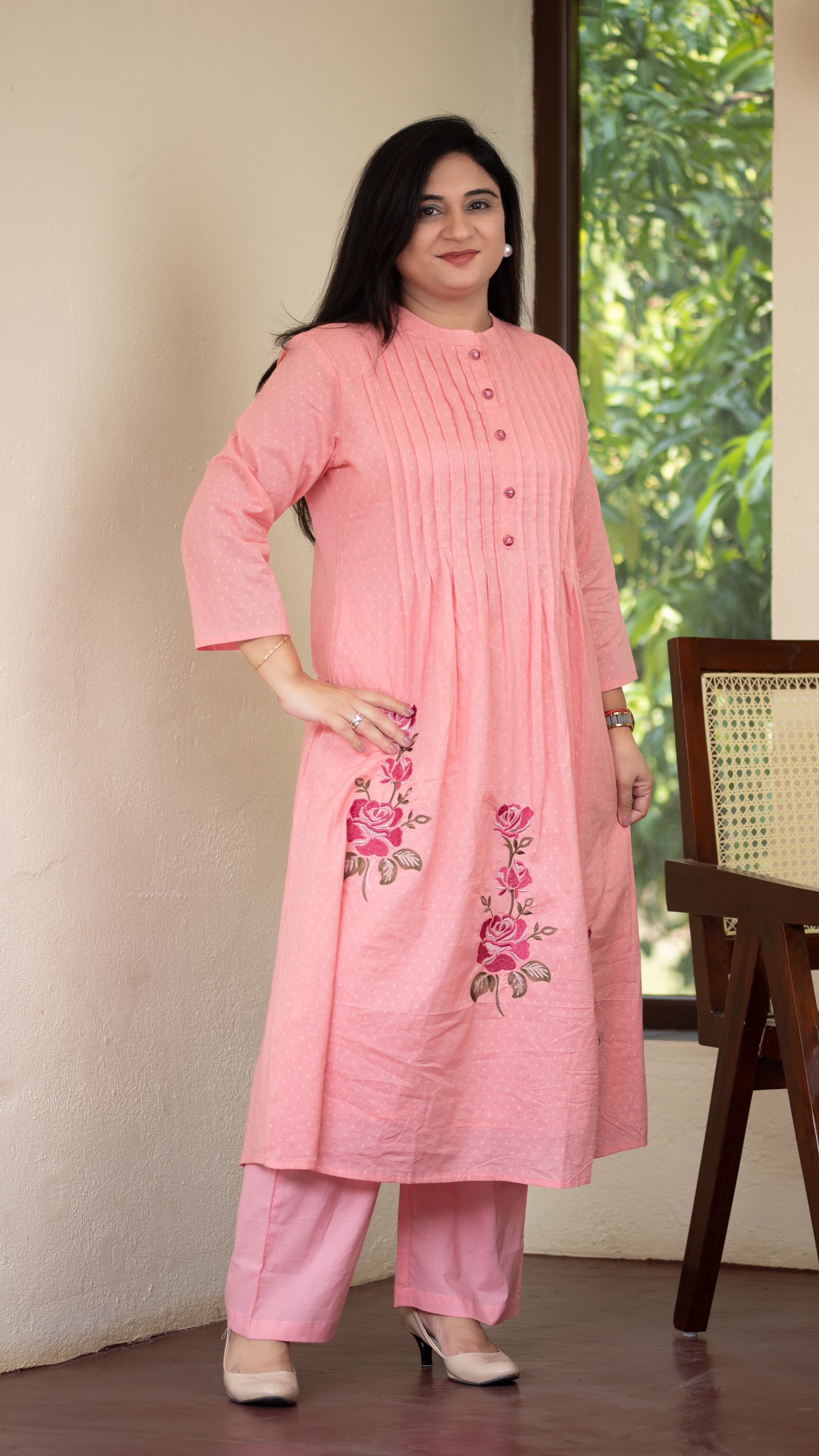 Ayaat Dobby Cotton A-line Embroidered Pant Set - The Jaipur Studio