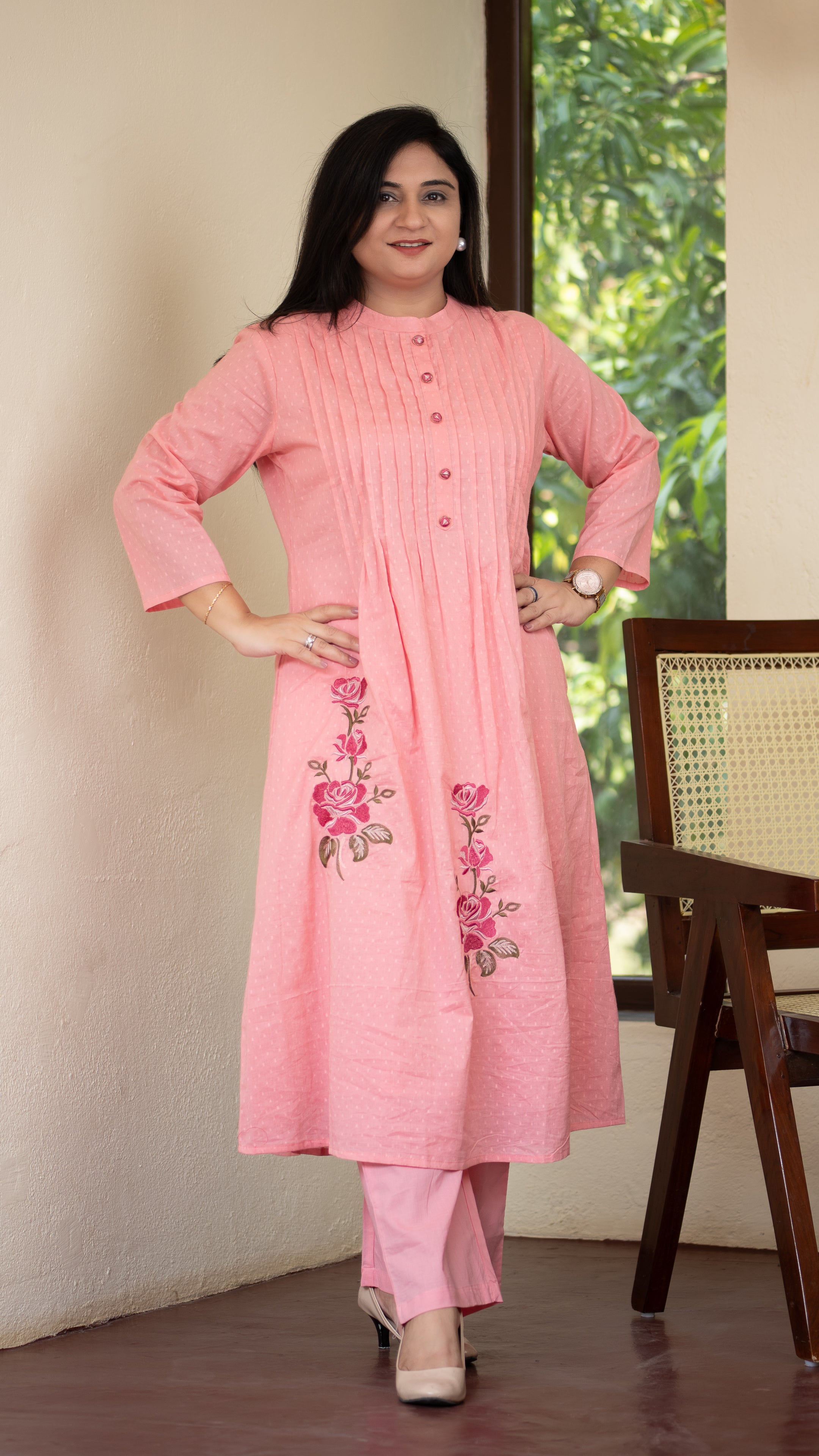 Ayaat Dobby Cotton A-line Embroidered Pant Set - The Jaipur Studio